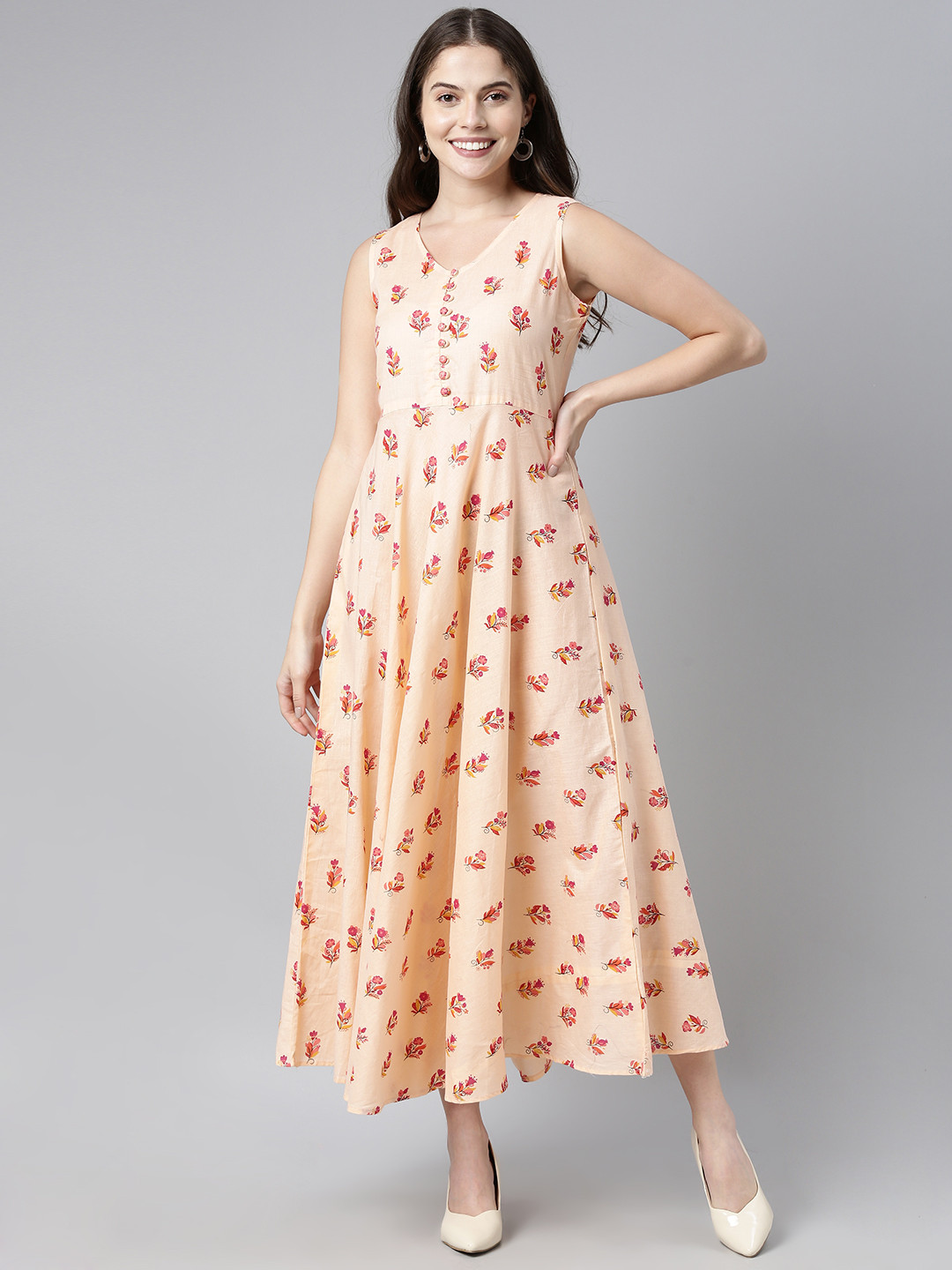 AHIKA Peach Floral Printed Maxi Dress