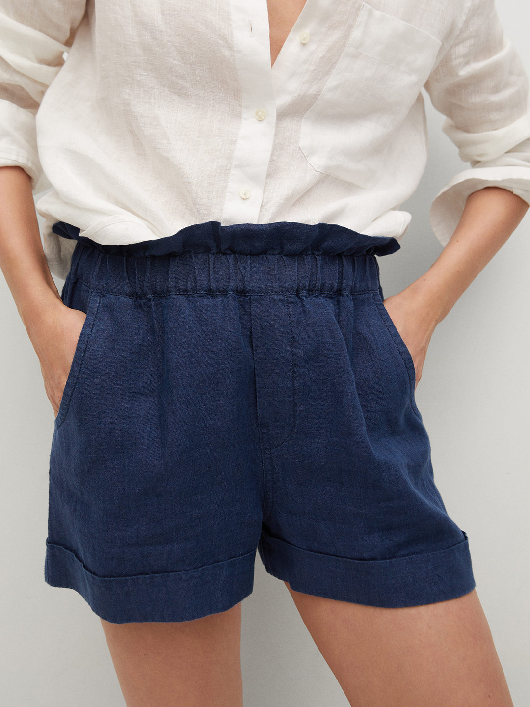 MANGO Women Navy Blue Solid Linen Regular Shorts