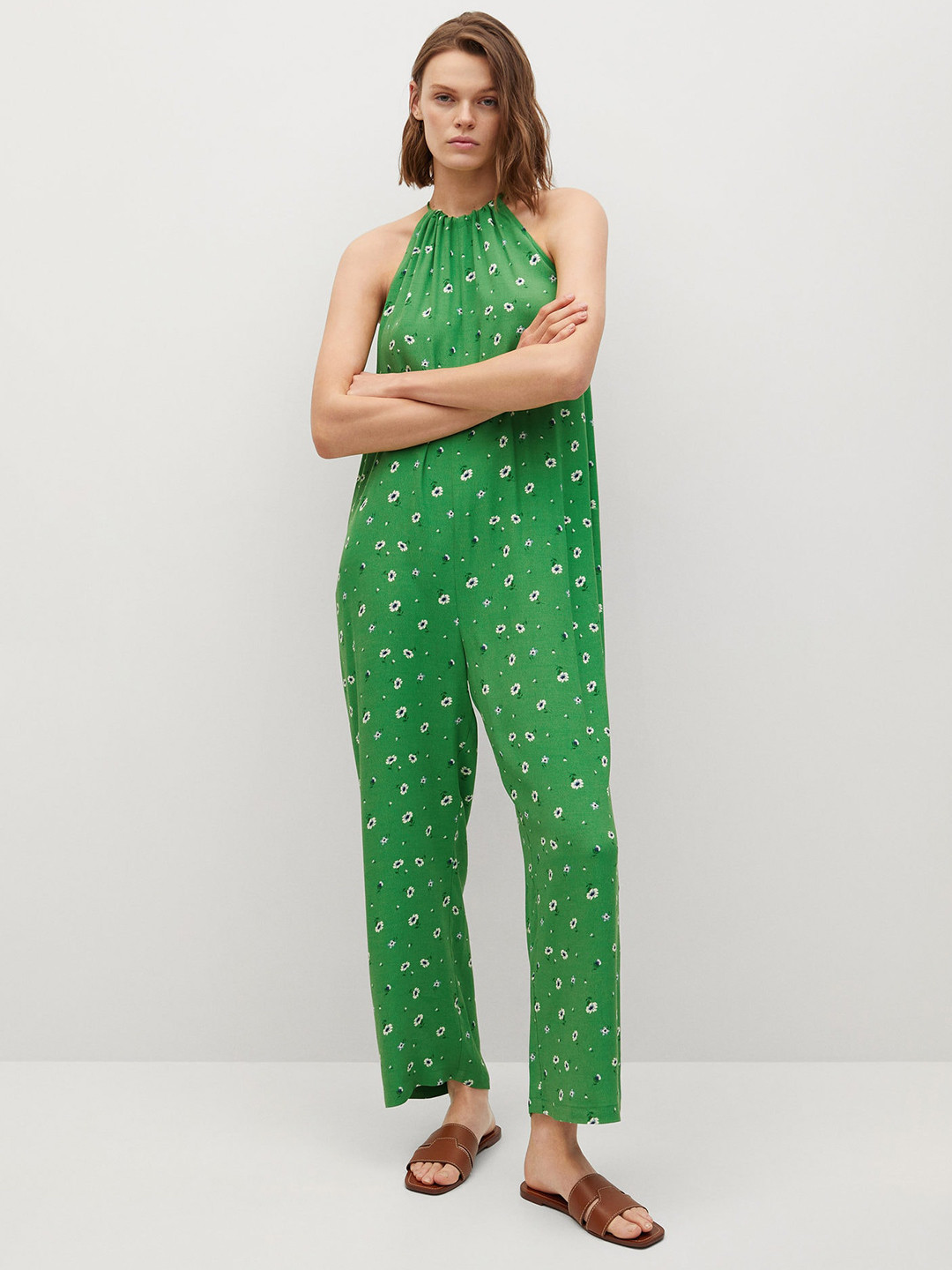 MANGO Green & White Halter Neck Floral Printed Basic Jumpsuit