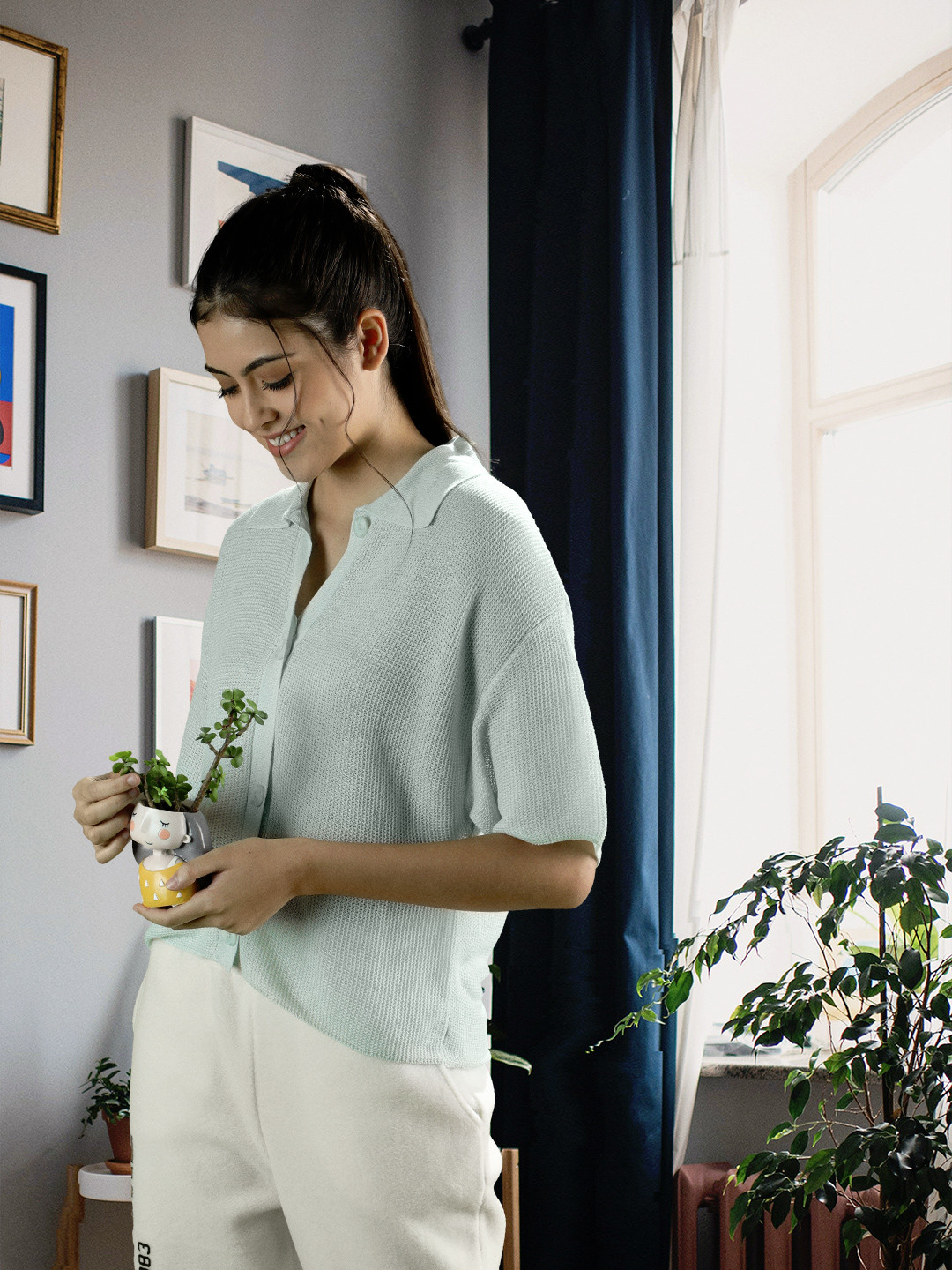 MANGO Women Sea Green Self Designed Casual Shirt