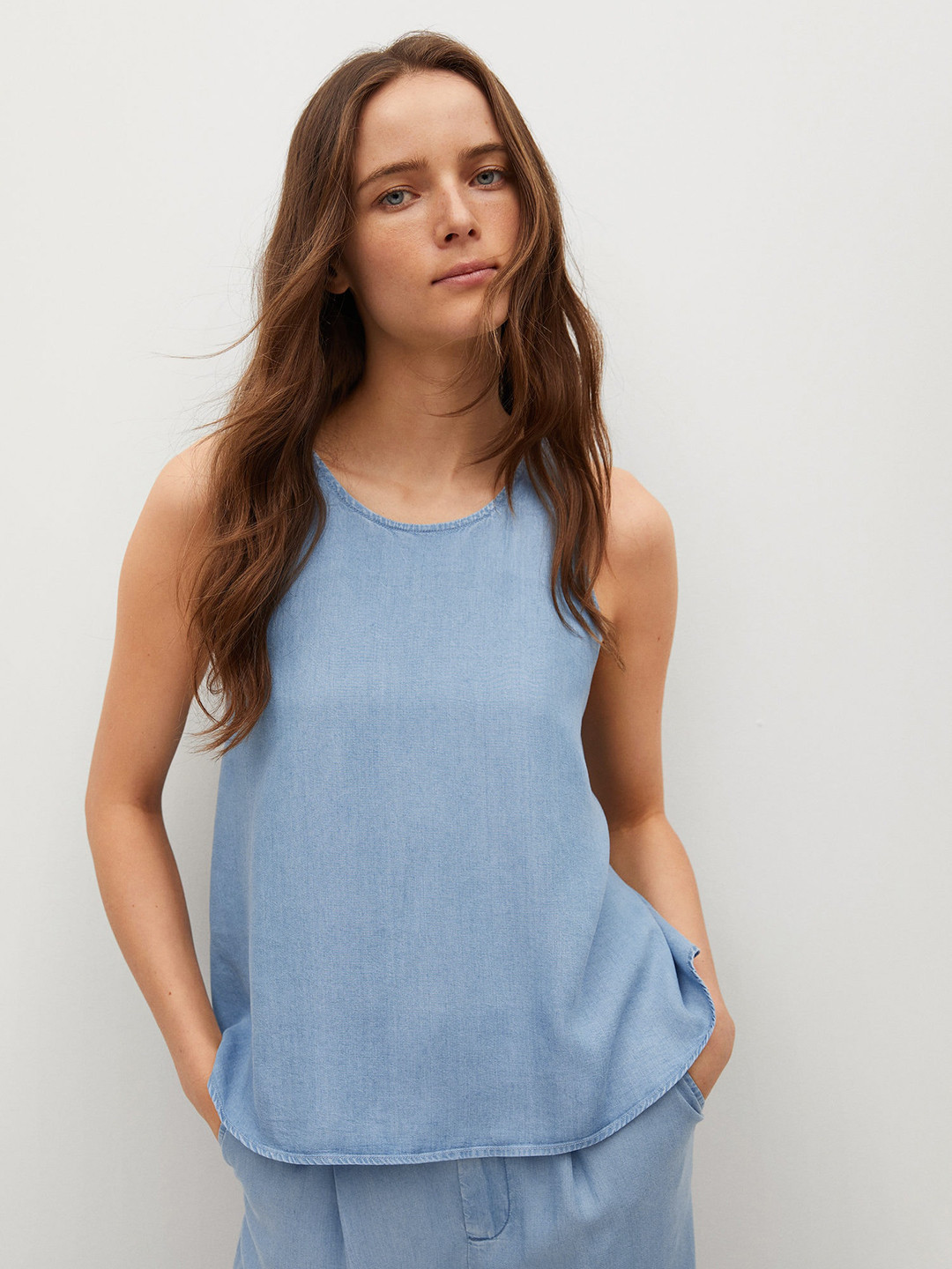 MANGO Blue Solid Styled Back Top