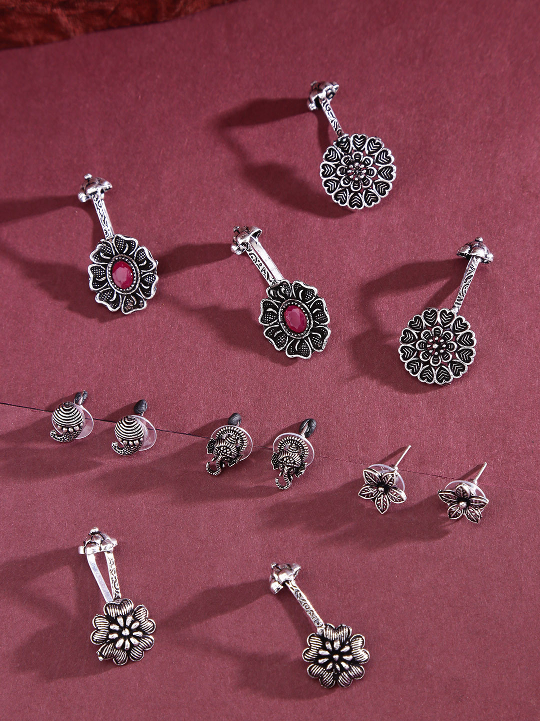 Yellow Chimes Set of 6 Oxidised Silver-Plated Textured Earrings