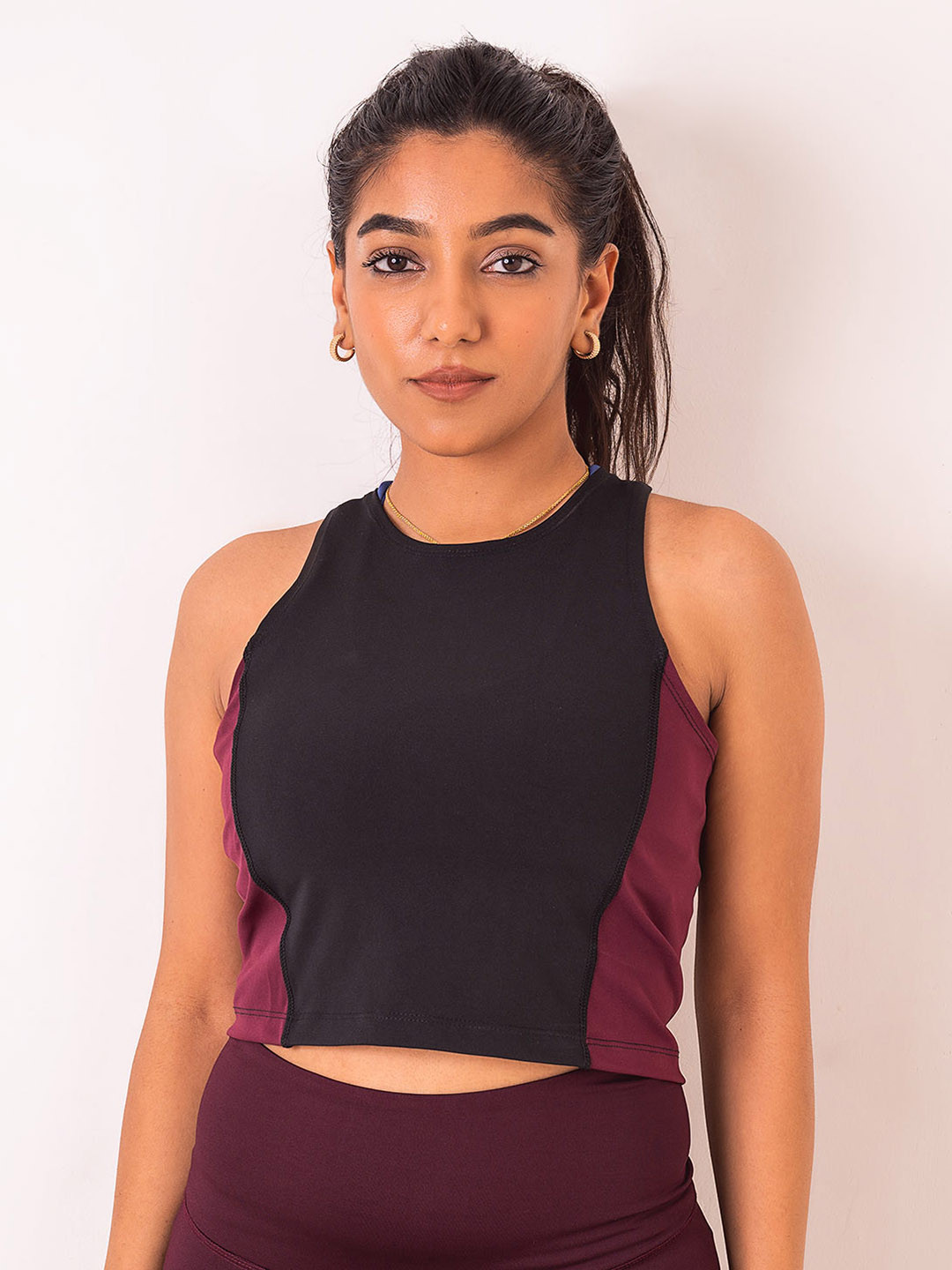 KICA Black & Burgundy Colourblocked Top With Fast Drying Performance Fabric