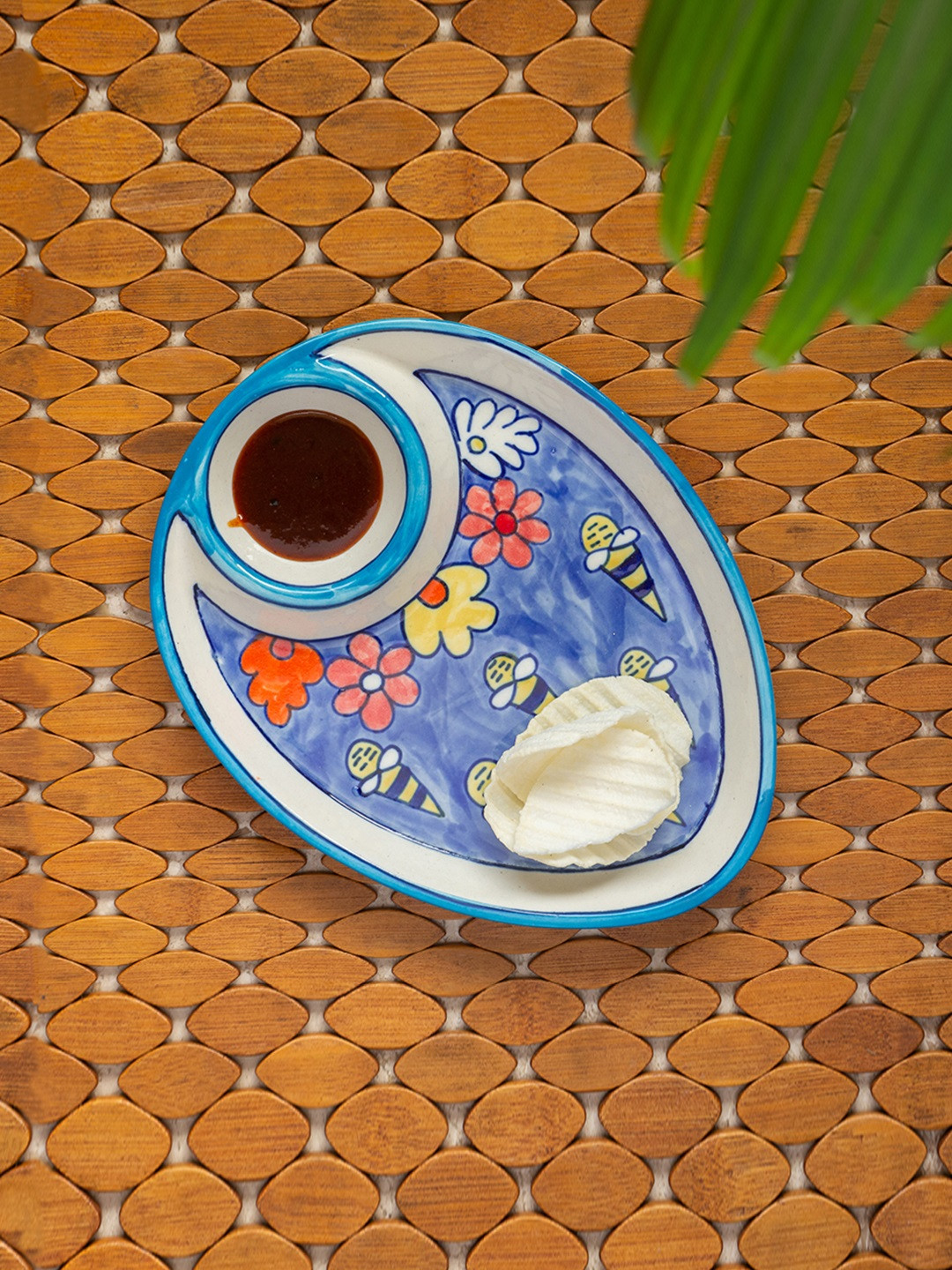 ExclusiveLane White  The Bee Collective Hand-Painted Ceramic Chip-N-Dip Platter