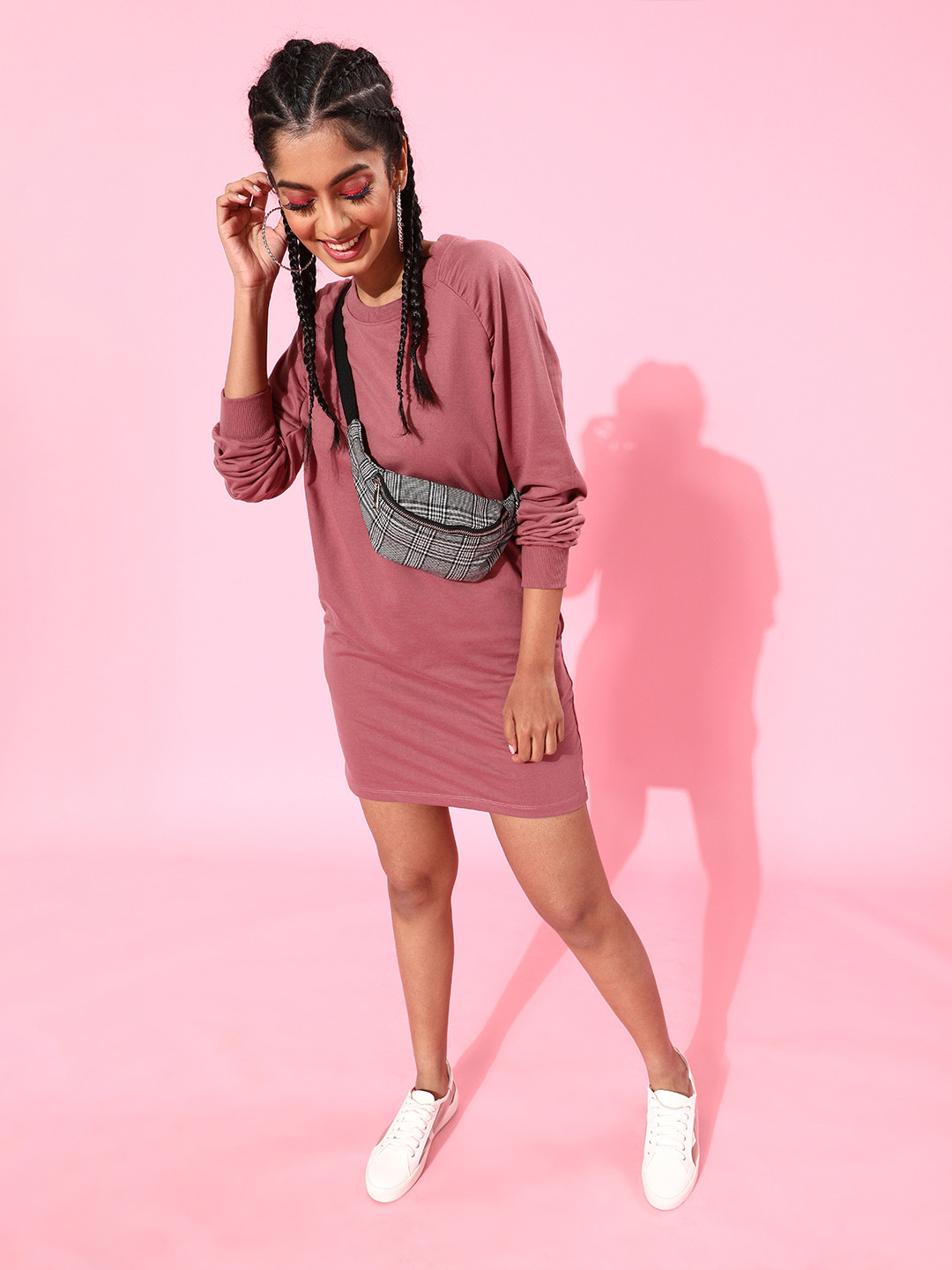 Roadster Pink Solid Raglan Sleeves Jumper Dress
