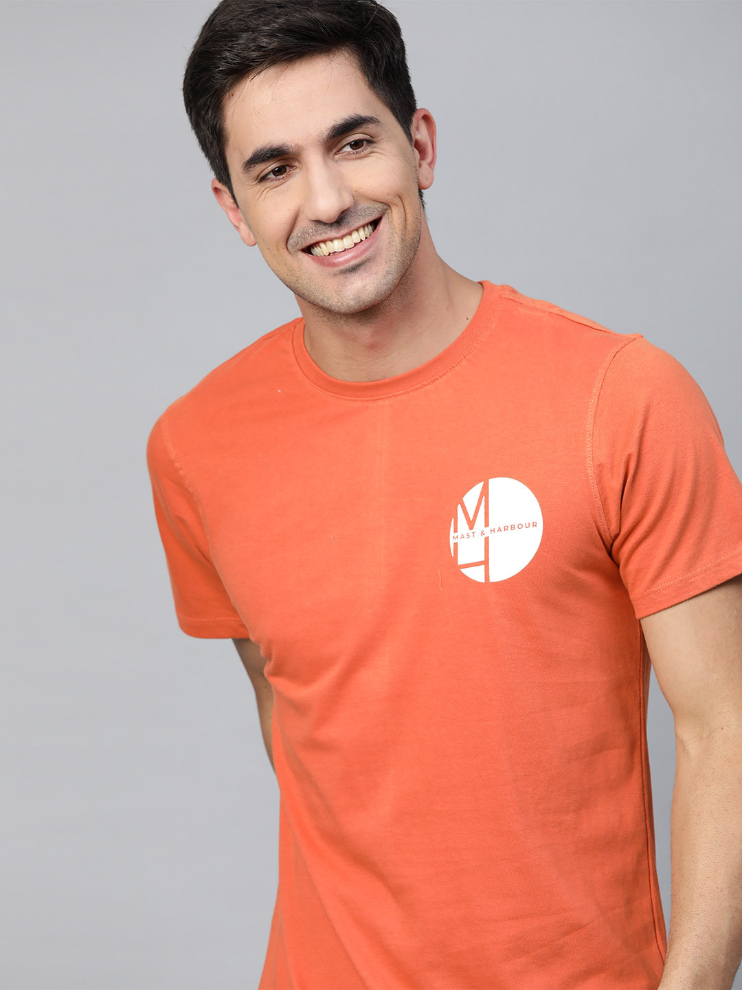 Mast  Harbour Men Coral Orange Brand Logo Cotton Handcrafted Cotton T-shirt