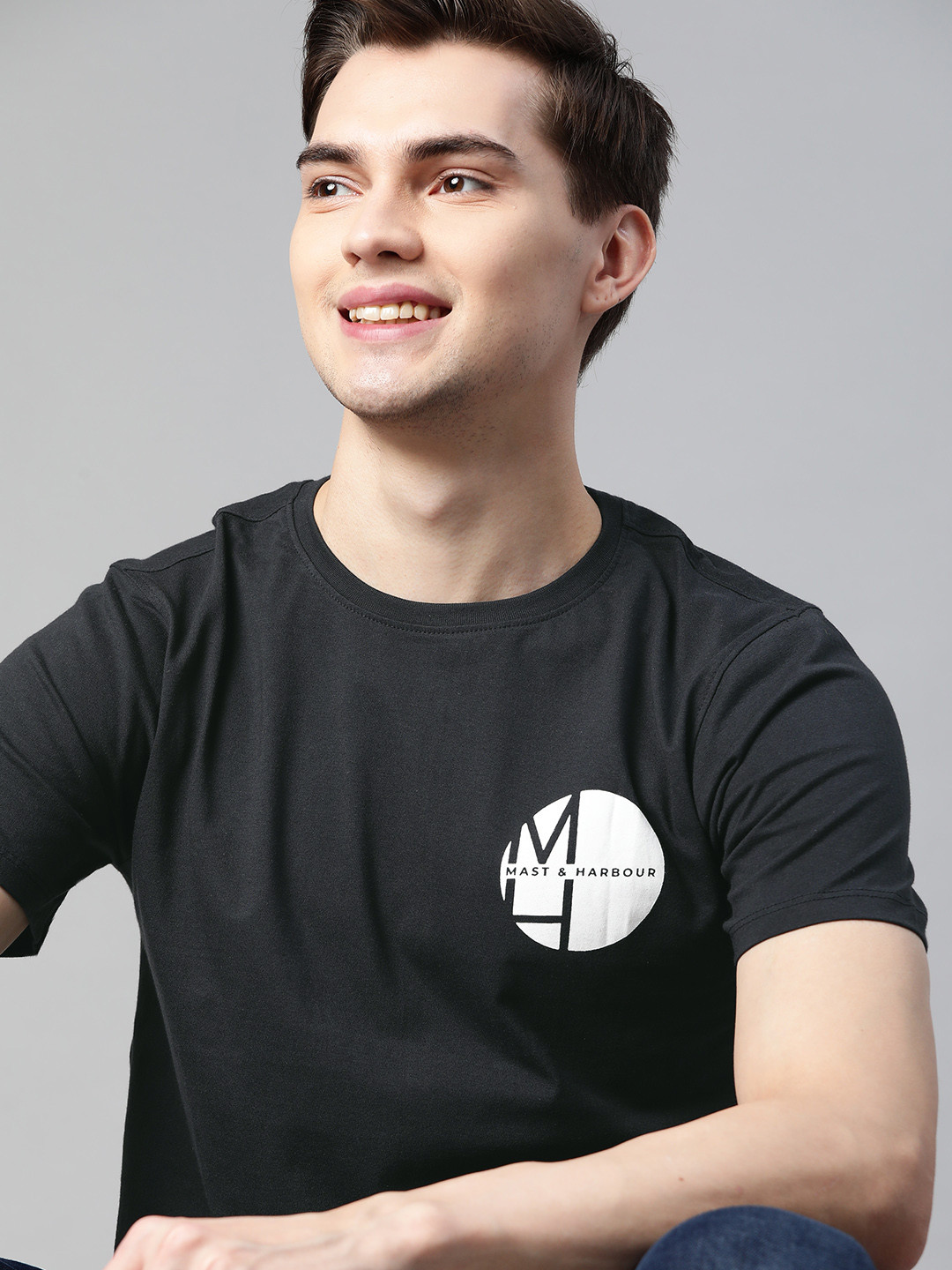 Mast & Harbour Men Black Brand Logo Printed Handcrafted Cotton T-shirt