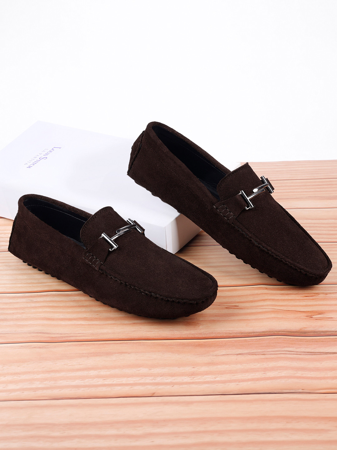 LOUIS STITCH Men Brunette Brown Italian Suede Leather Handmade Driving Loafers