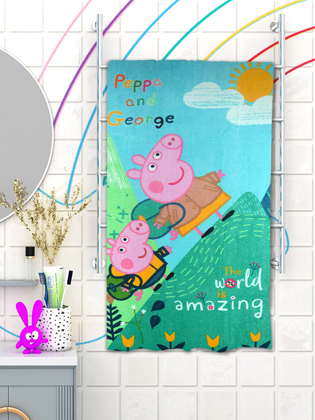 Athom Trendz Blue & Pink Peppa Pig Printed 350 GSM Cotton Bath Towel