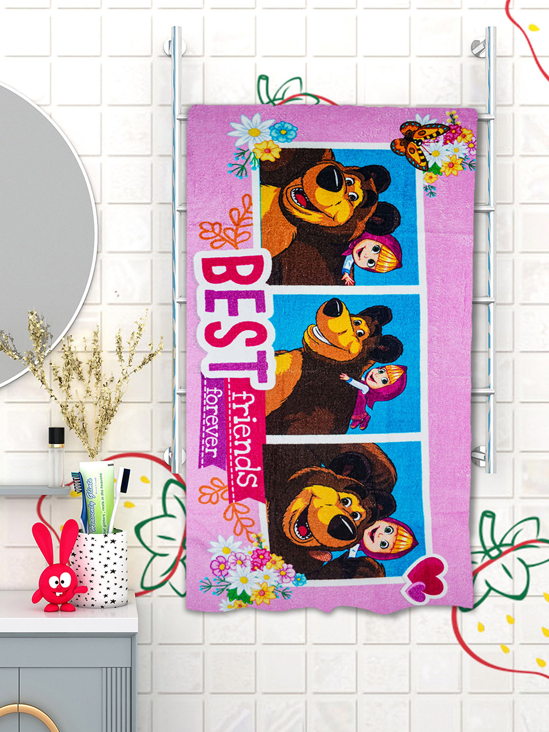 Athom Trendz Pink & Brown Masha & The Bear Printed 350 GSM Cotton Bath Towel