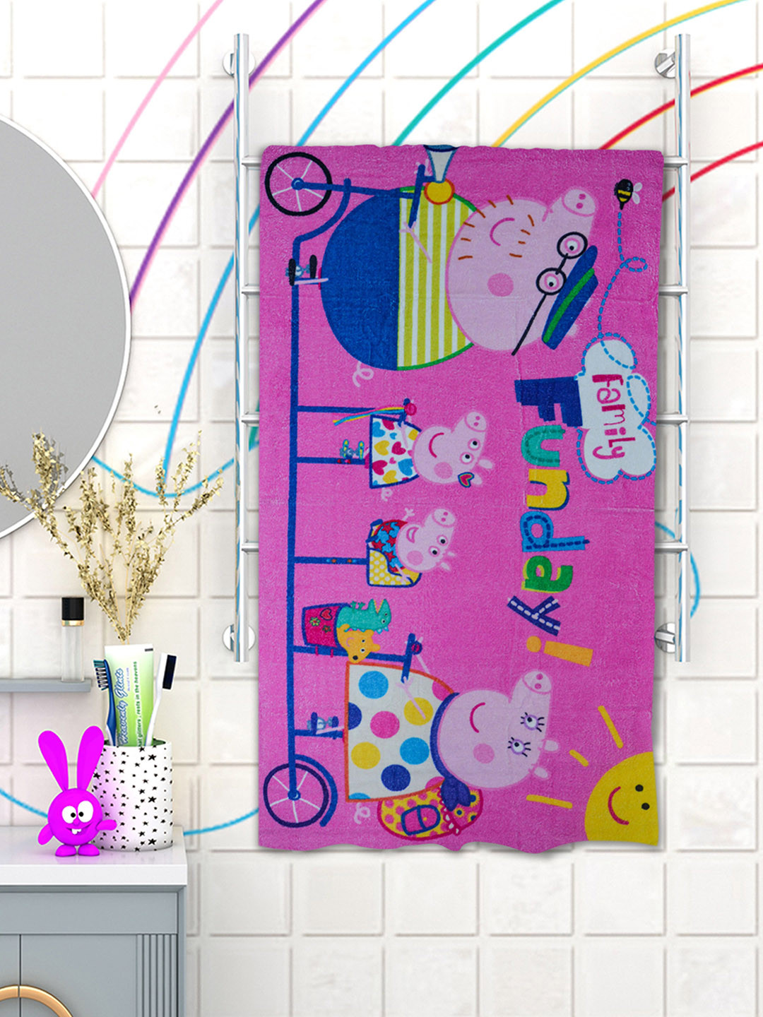 Athom Trendz Pink & Yellow Peppa Pig Printed 350 GSM Cotton Bath Towel