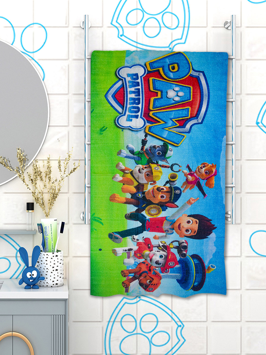 Athom Trendz Green & Blue Paw Patrol Printed 350 GSM Cotton Bath Towel