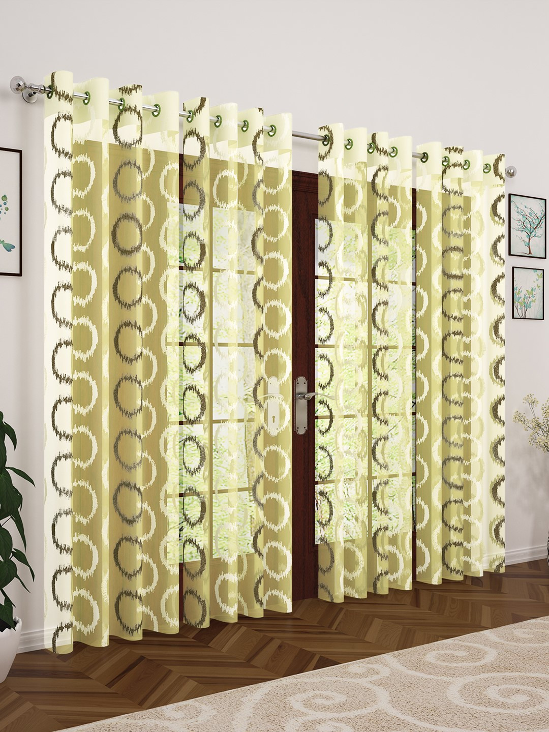 Story@home Green & Cream-Coloured Set of 4 Embroidered Imagica Collection Sheer Polyester Door Curtains