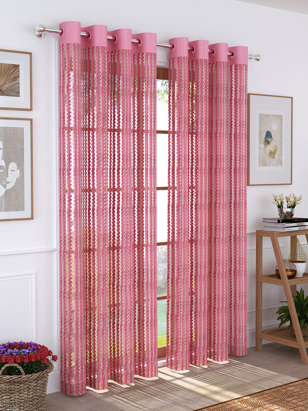 Story@home Pink Set of 2 200GSM Sheer Semi Long Door Curtains