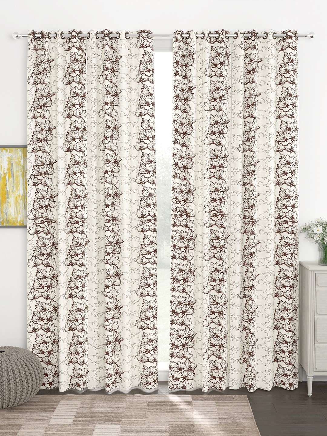 Story@home White & Coffee Brown Printed Set of 4 Door Curtains