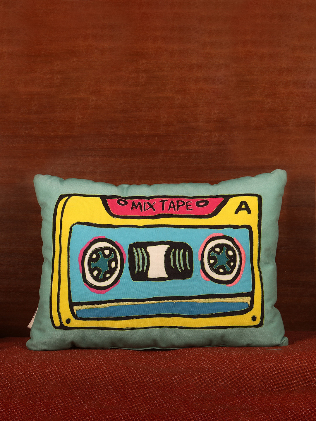 Sivya Sea Green & Yellow Printed & Embroidered Rectangle Chill-Shaped Cushion