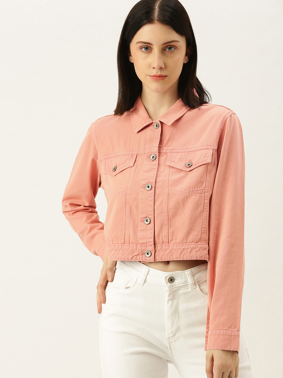 Flying Machine Women Peach-Coloured Solid Crop Pure Cotton Denim Trucker