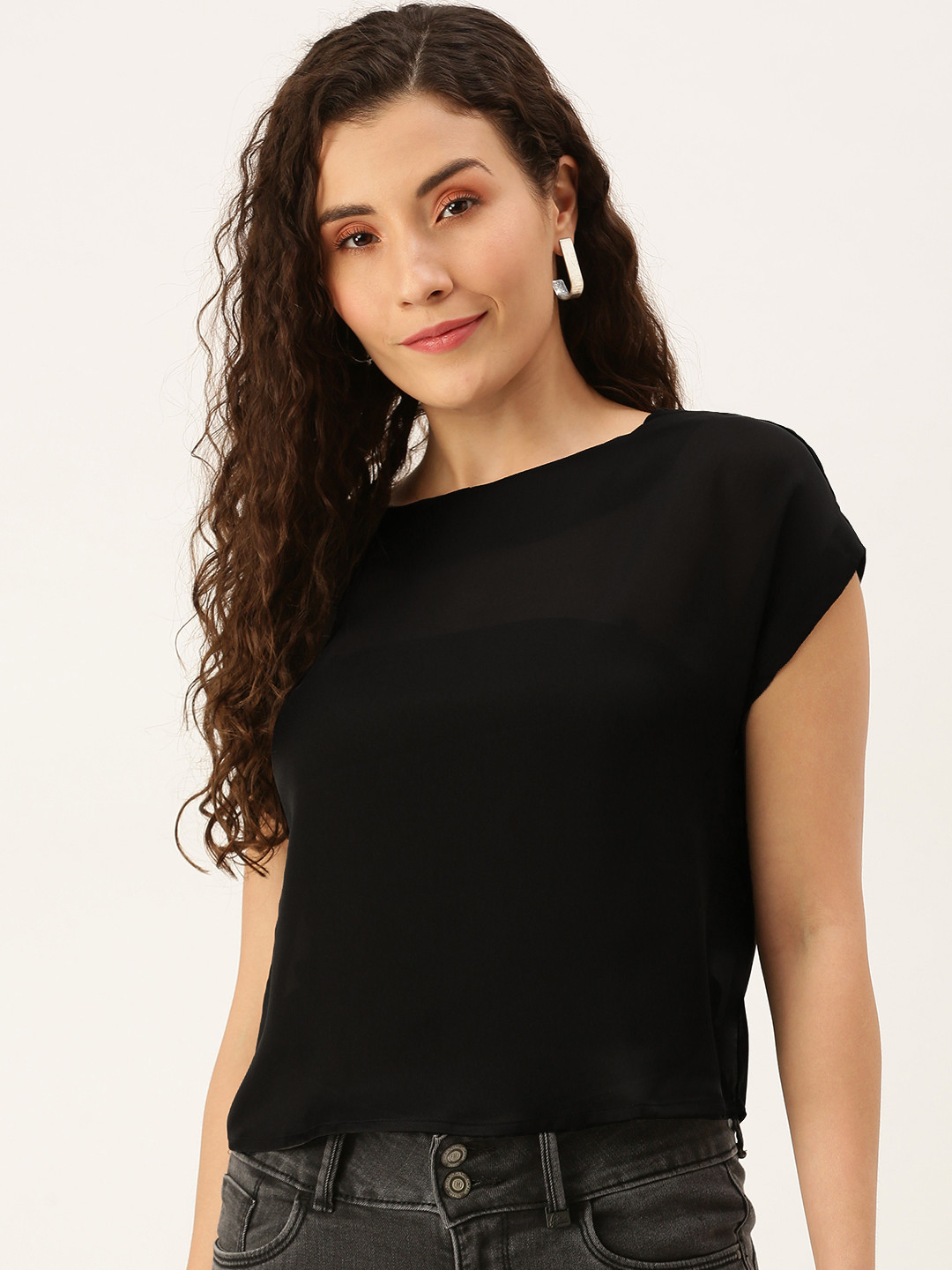 Flying Machine Women Black Solid Boat Neck Regular Top