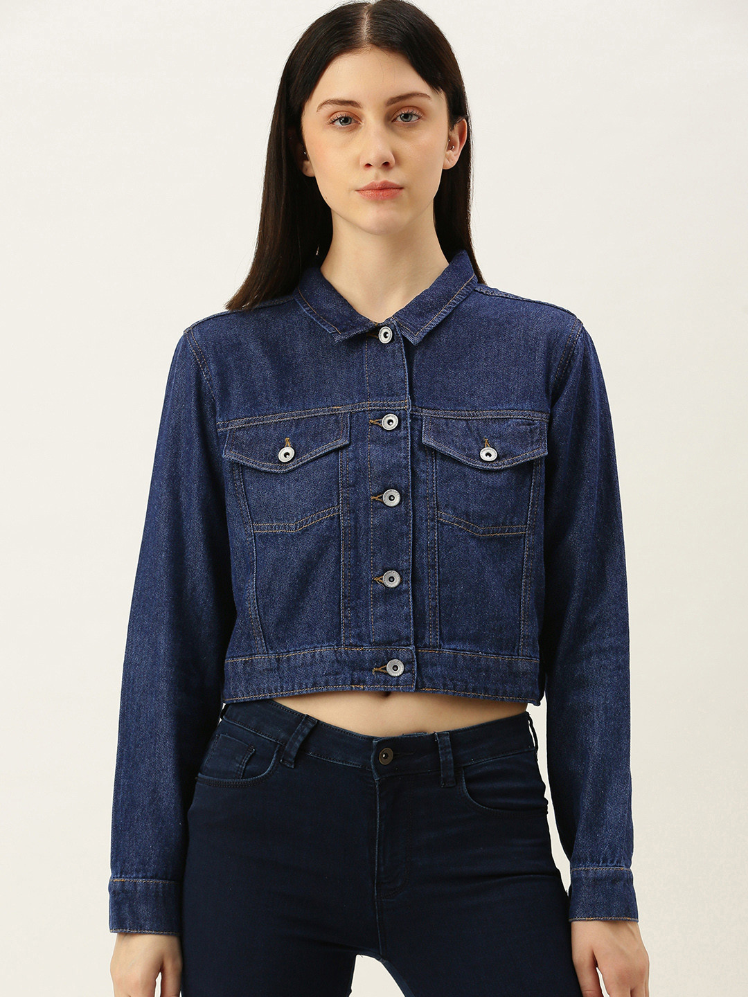 Flying Machine Women Blue Washed Crop Pure Cotton Denim Trucker