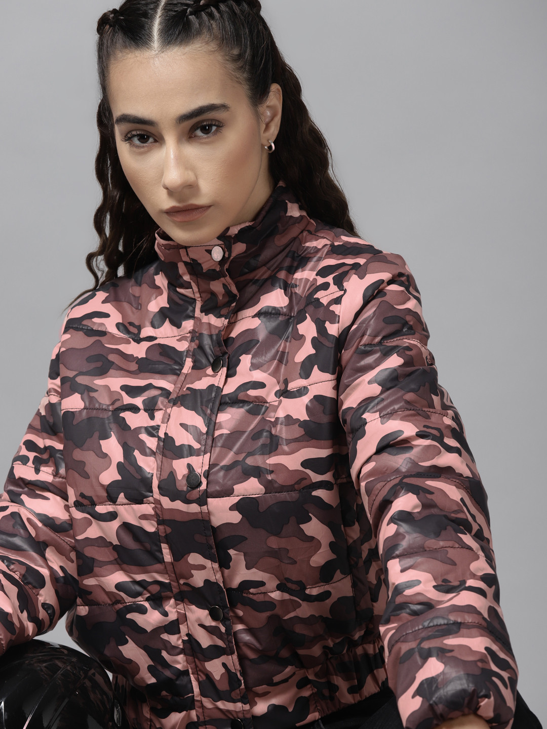 Roadster Women Pink & Brown Camouflage Print Padded Jacket