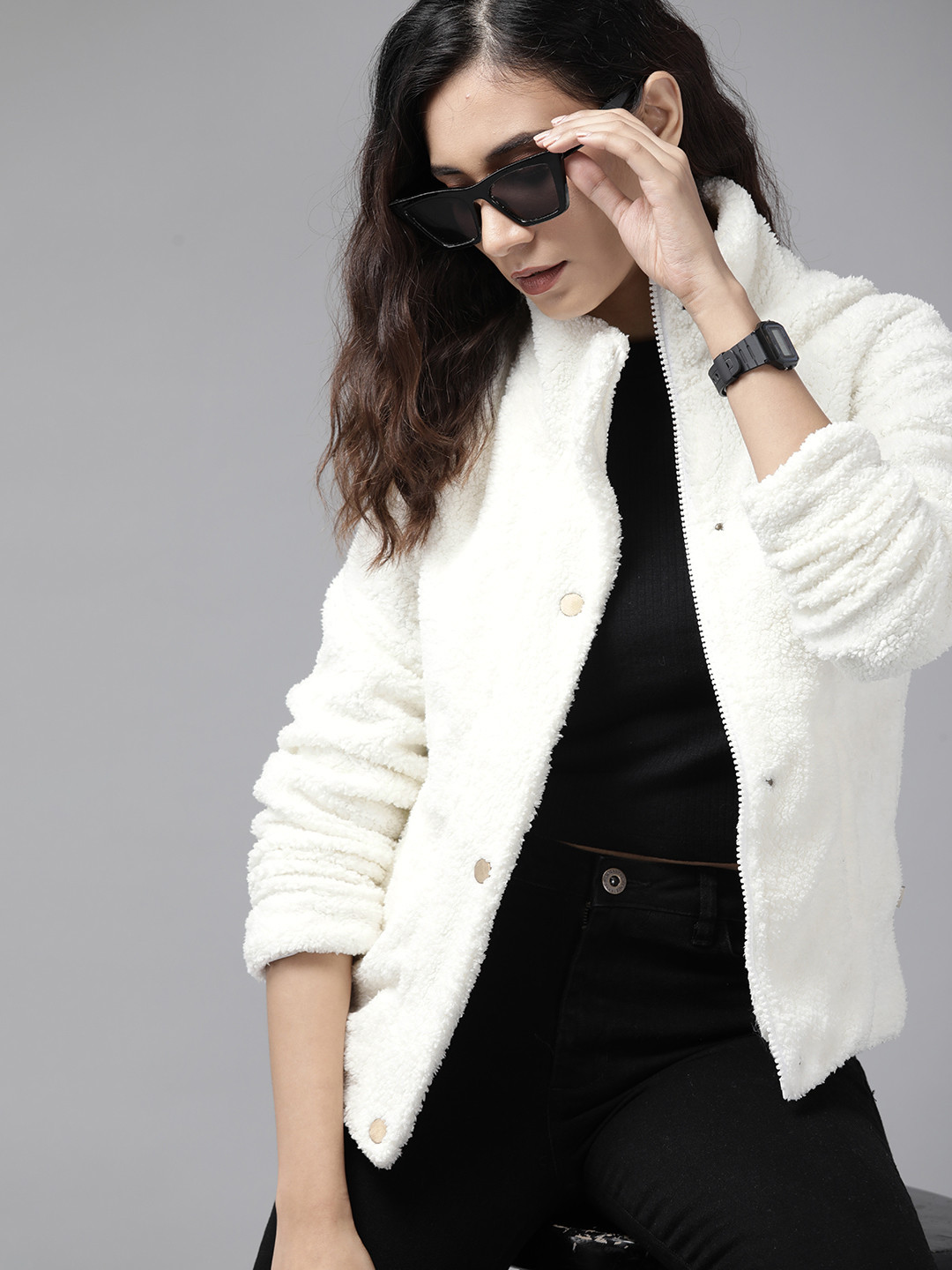 Roadster Women White Solid Sherpa Tailored Jacket