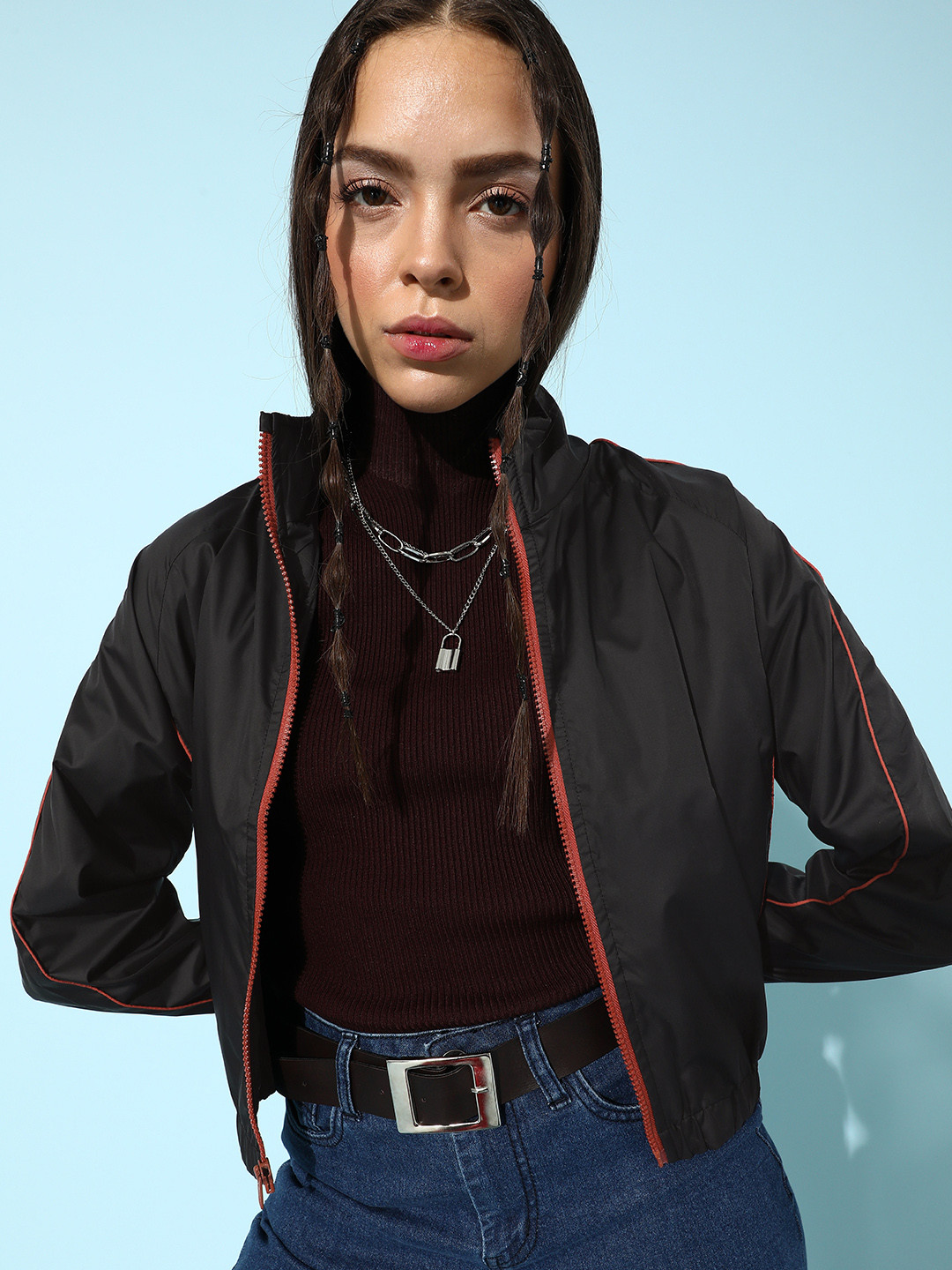 Roadster Women Beautiful Charcoal Solid Cropped Jacket