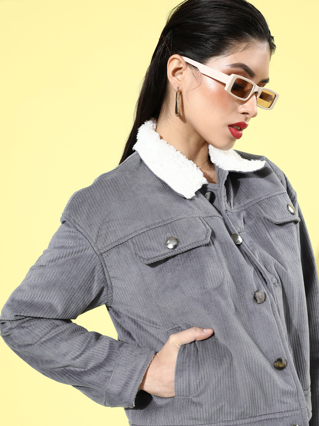 Roadster Women Charcoal Grey Solid Corduroy Tailored Jacket