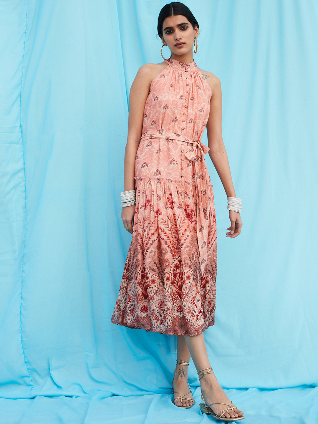 Ritu Kumar Pink & Off White Ethnic Motifs Midi Dress