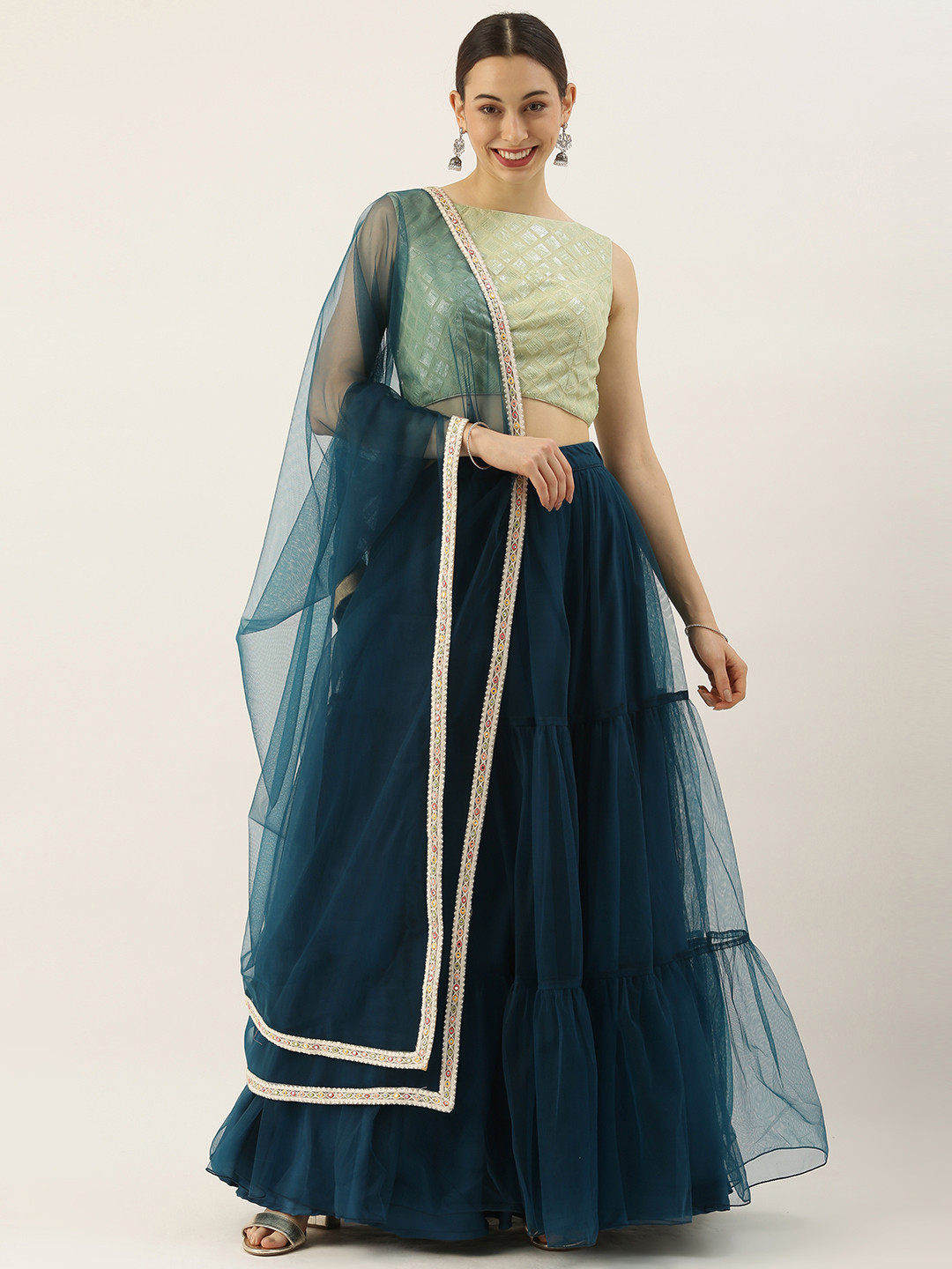 Ethnovog Green  Blue Embellished Made to Measure Lehenga  Blouse With Dupatta