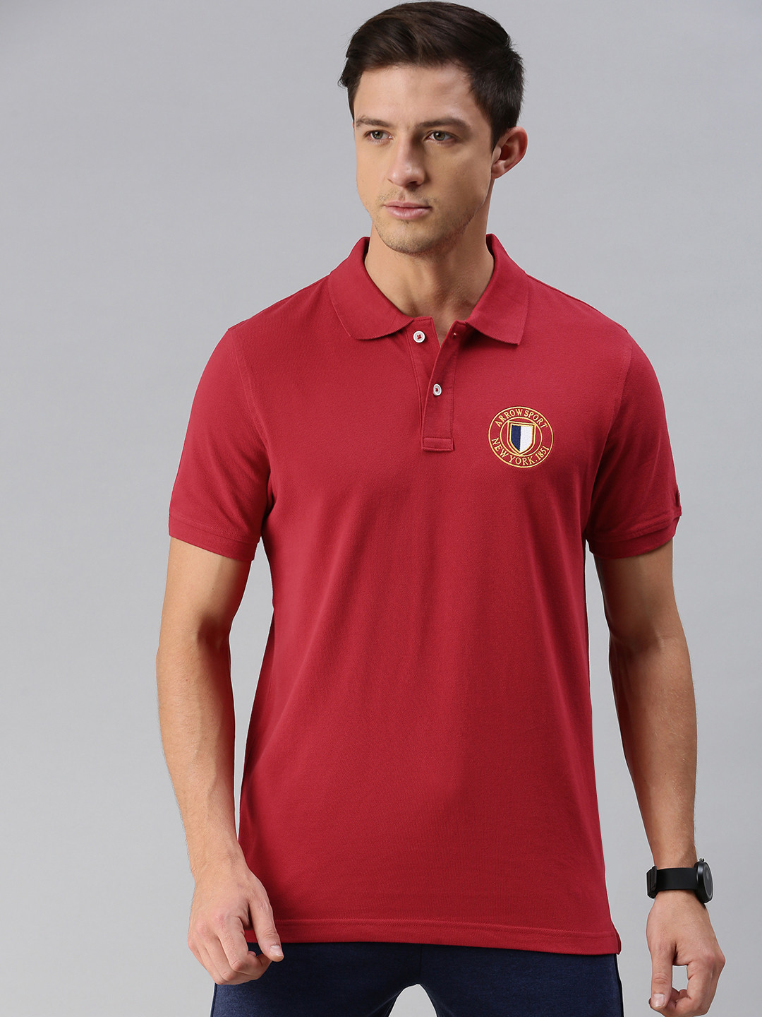 Arrow Sport Men Red Solid Polo Collar Pure Cotton T-shirt