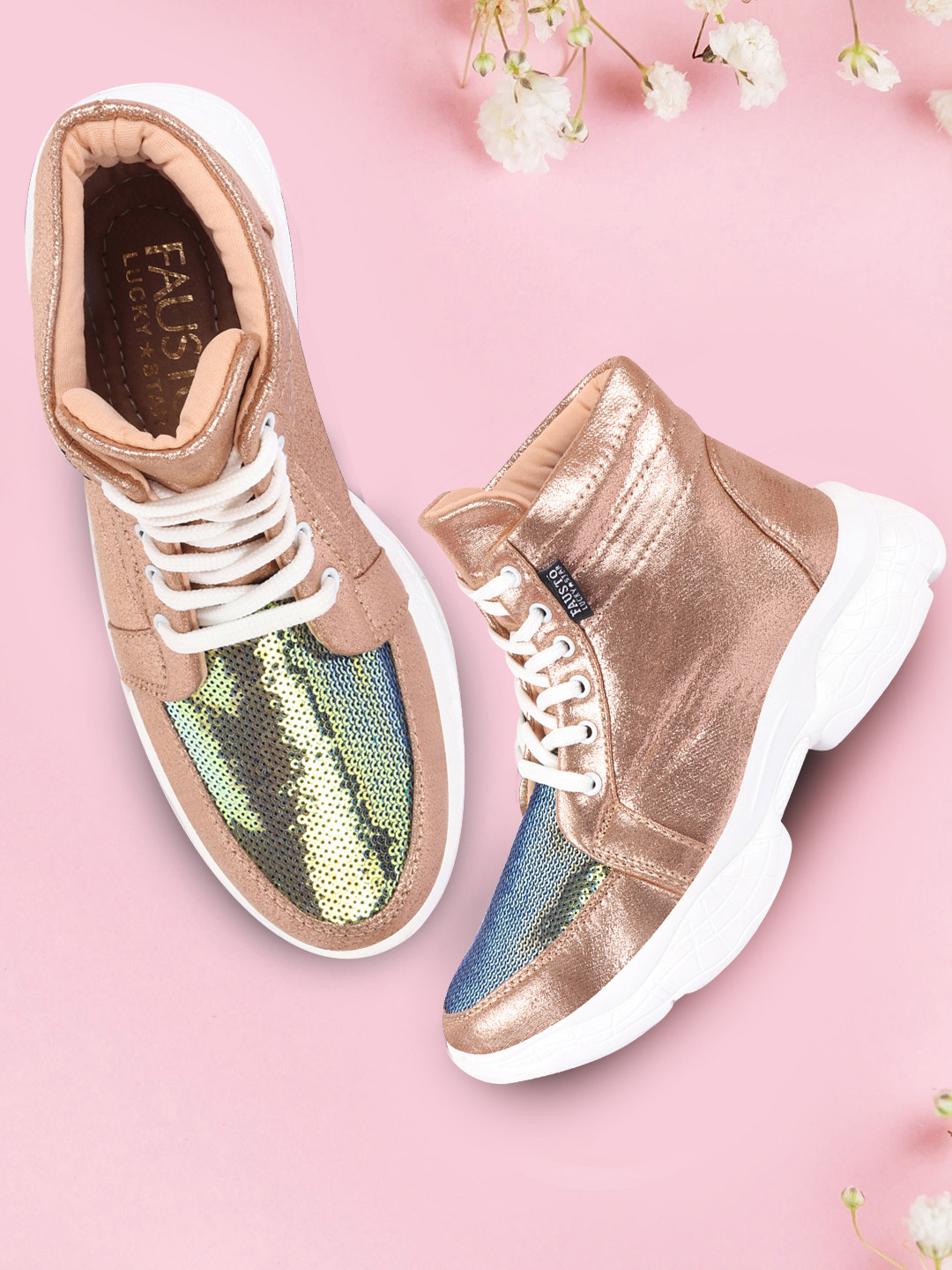 FAUSTO Women Gold-Toned High-Top Sneakers