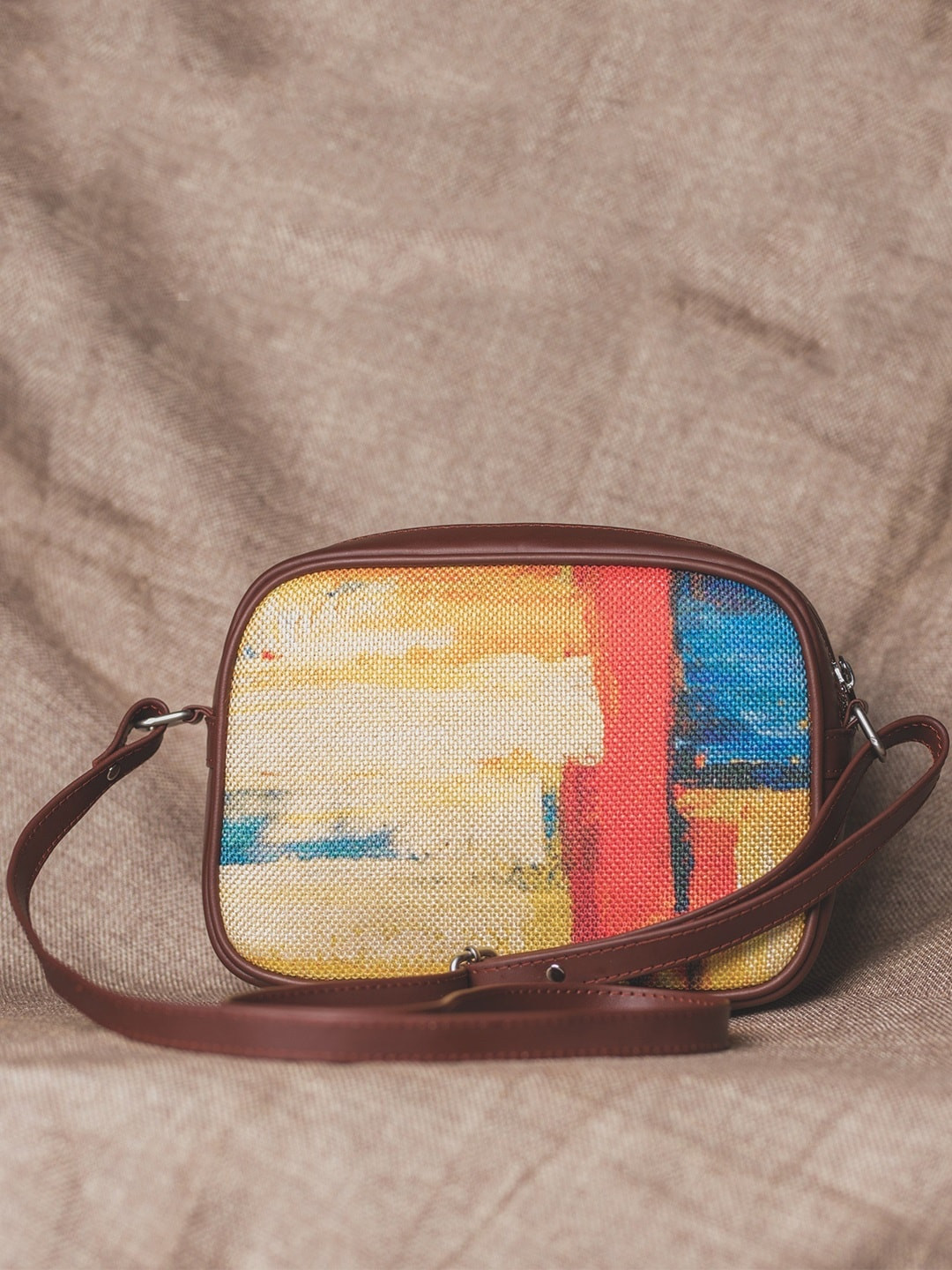 ZOUK Women Blue & Yellow Abstract Print Vegan Handcrafted Leather Sustainable Sling Bag