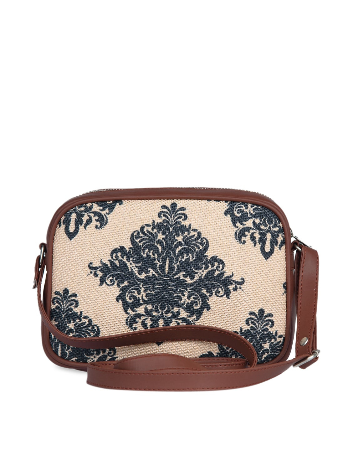 ZOUK Women Beige & Navy Blue Mughal Motif Vegan Leather Sustainable Sling Bag