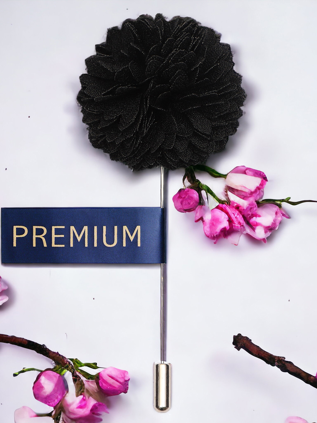 PELUCHE Men Black & Silver-Toned Velvet Floral Brooch Lapel Pin