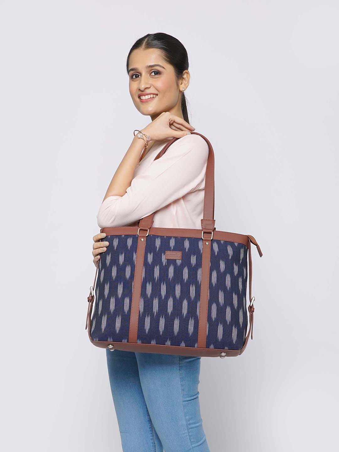 ZOUK Teal Blue & Off-White Ikat Printed Handcrafted Laptop Sustainable Shoulder Tote Bag