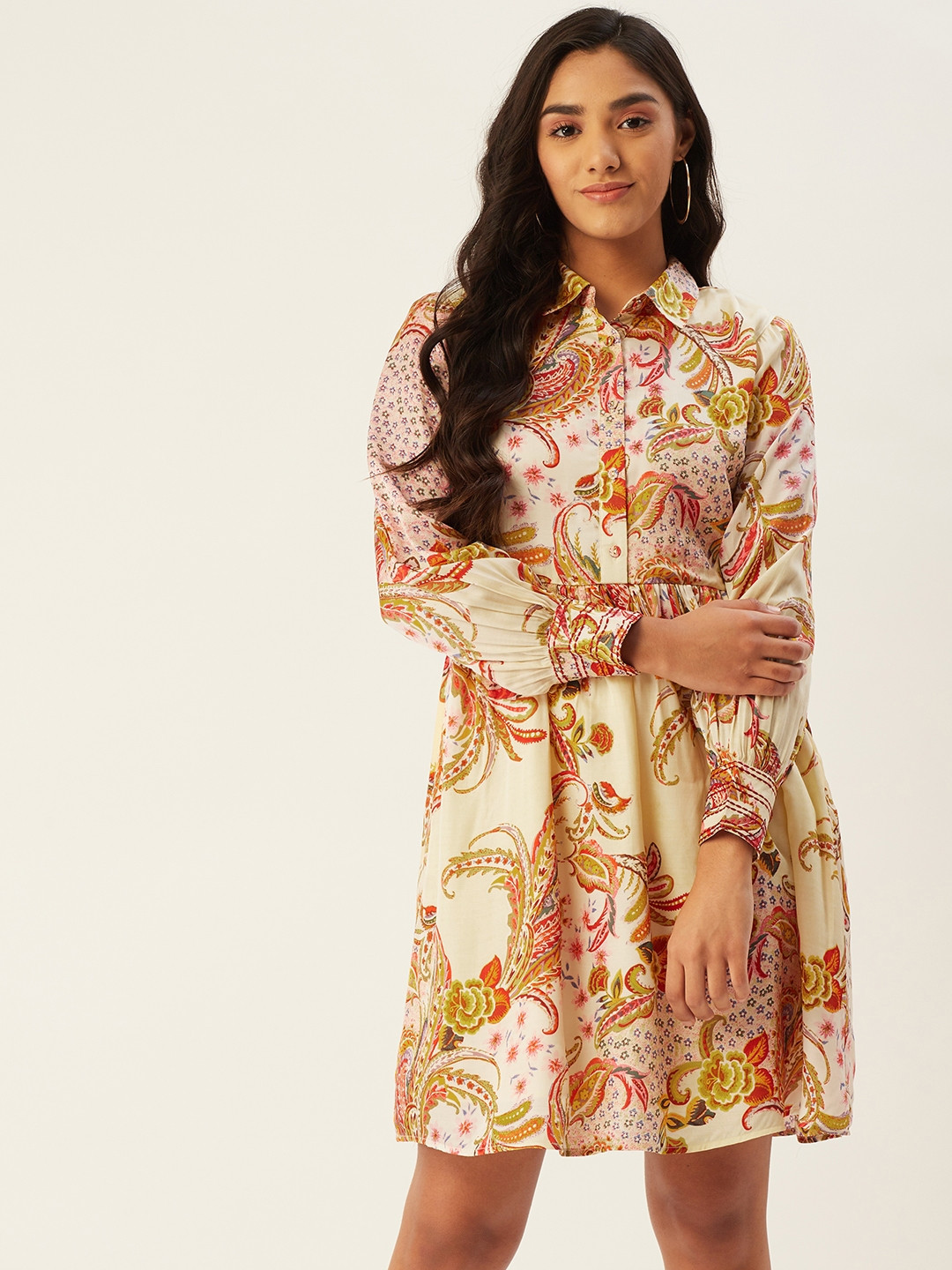 Label Ritu Kumar Yellow & Red Paisley Motifs Shirt Dress