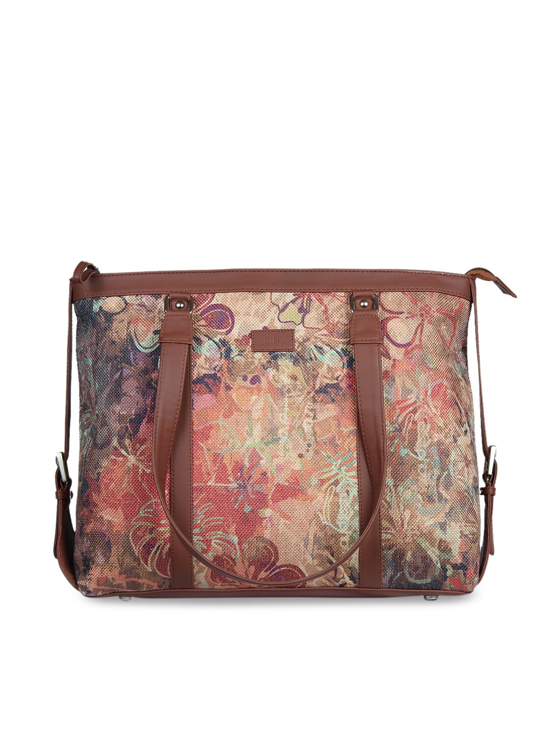 ZOUK Multicoloured Floral Print Leather Handcrafted Laptop Sustainable Shoulder Tote Bag