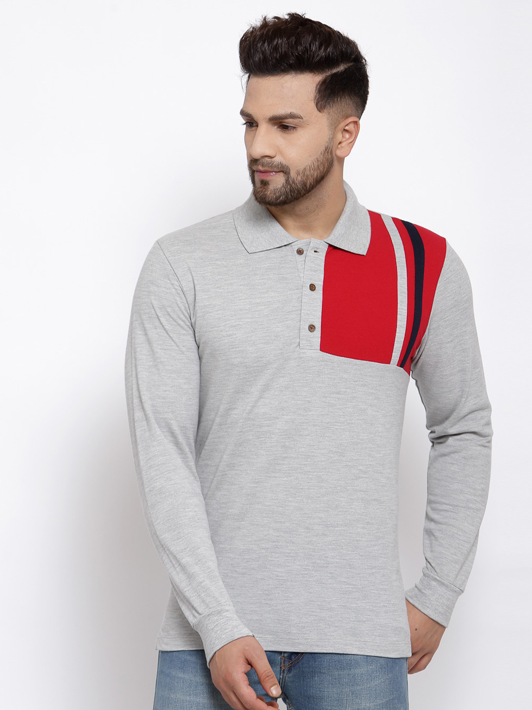 Kalt Men Grey Melange Polo Collar T-shirt