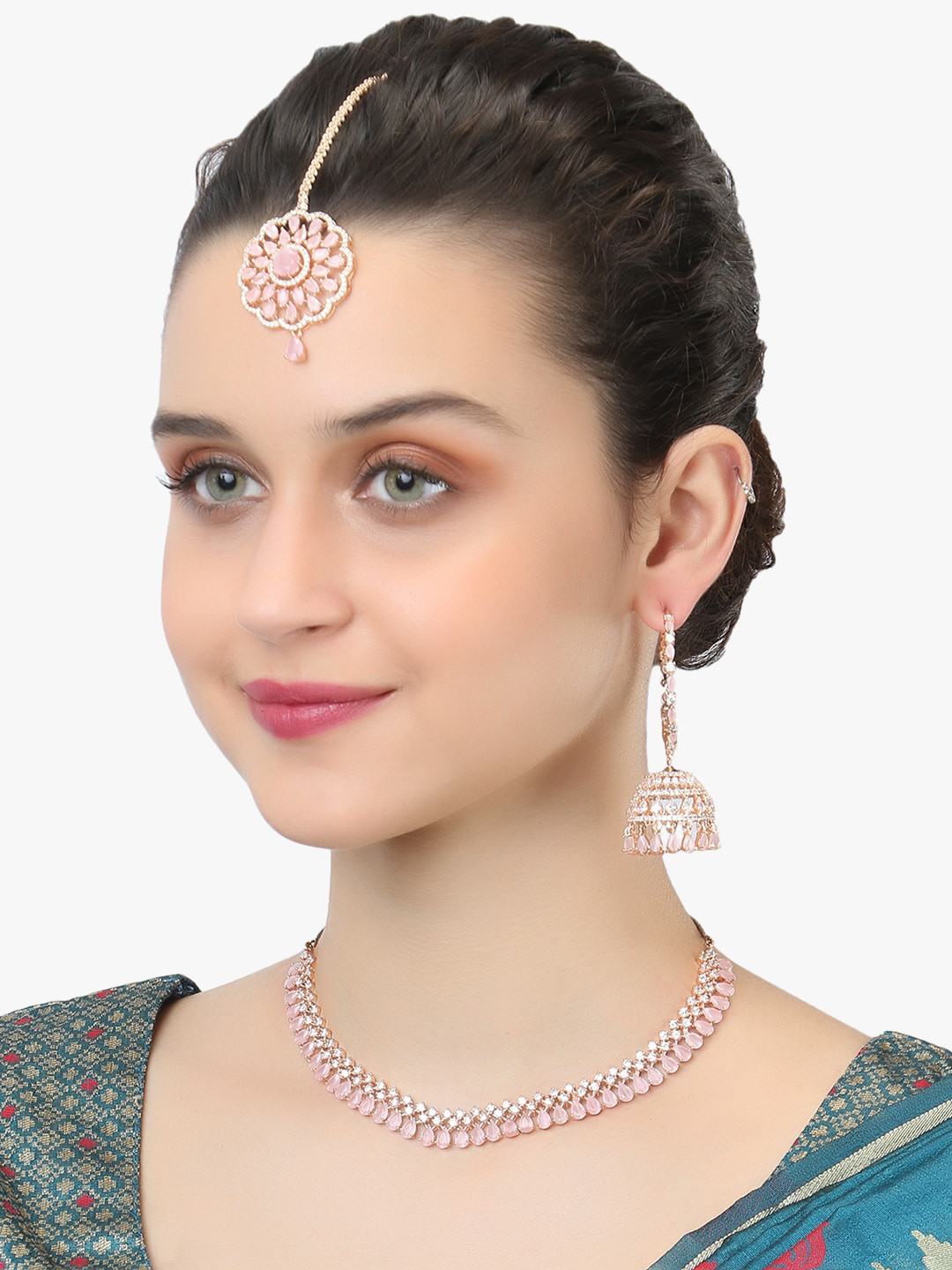 Adwitiya Collection 24-CT Rose Gold-Plated White & Pink CZ-Studded Jewellery Set