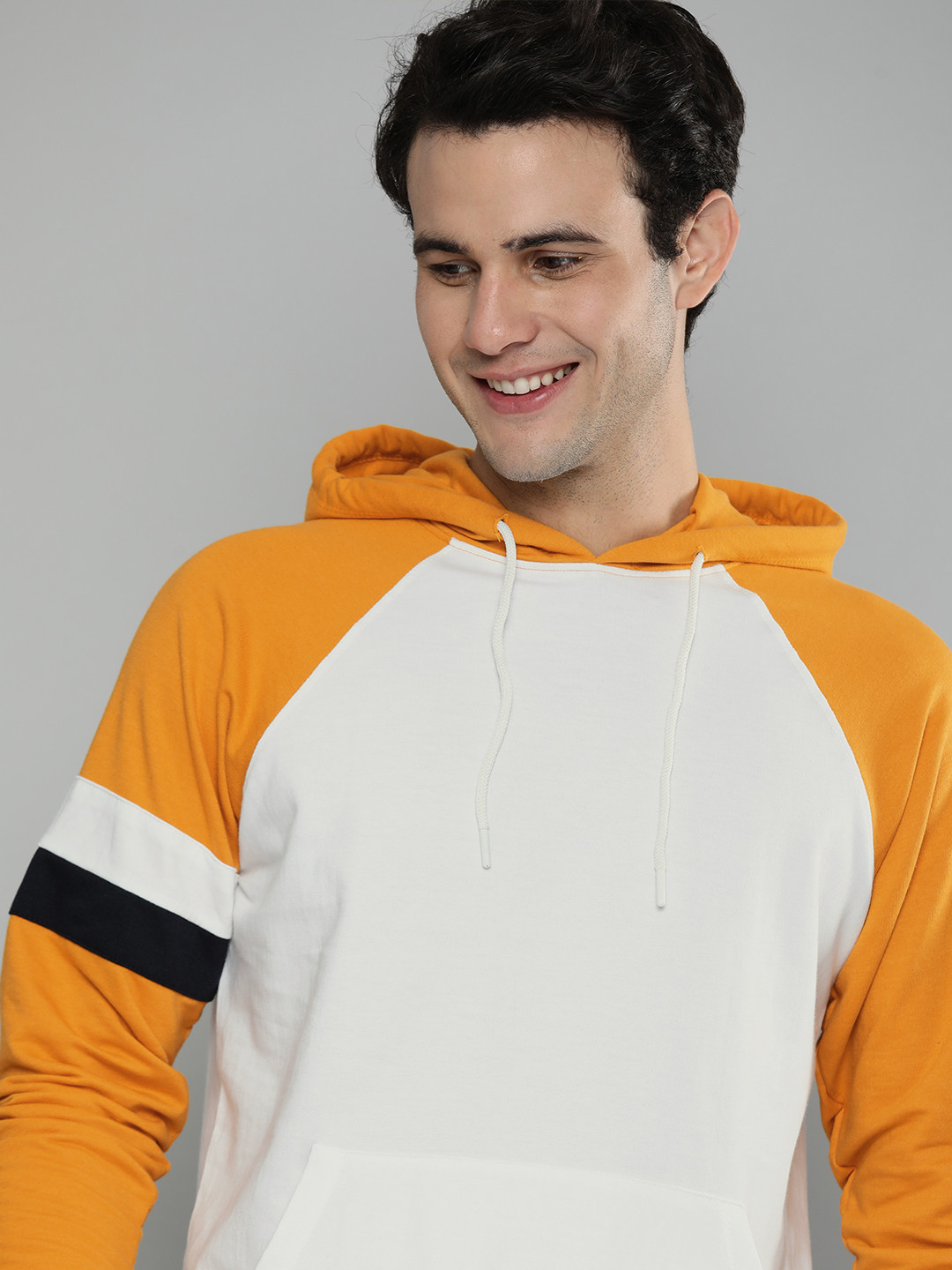 Mast & Harbour Men Off White Hooded Contrast Sleeves Sweatshirt