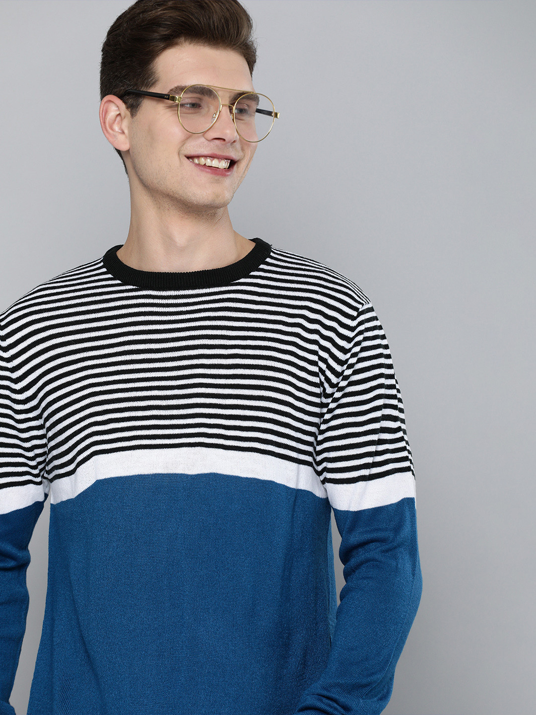 Mast & Harbour Men Blue & Black Colourblocked Printed Pullover