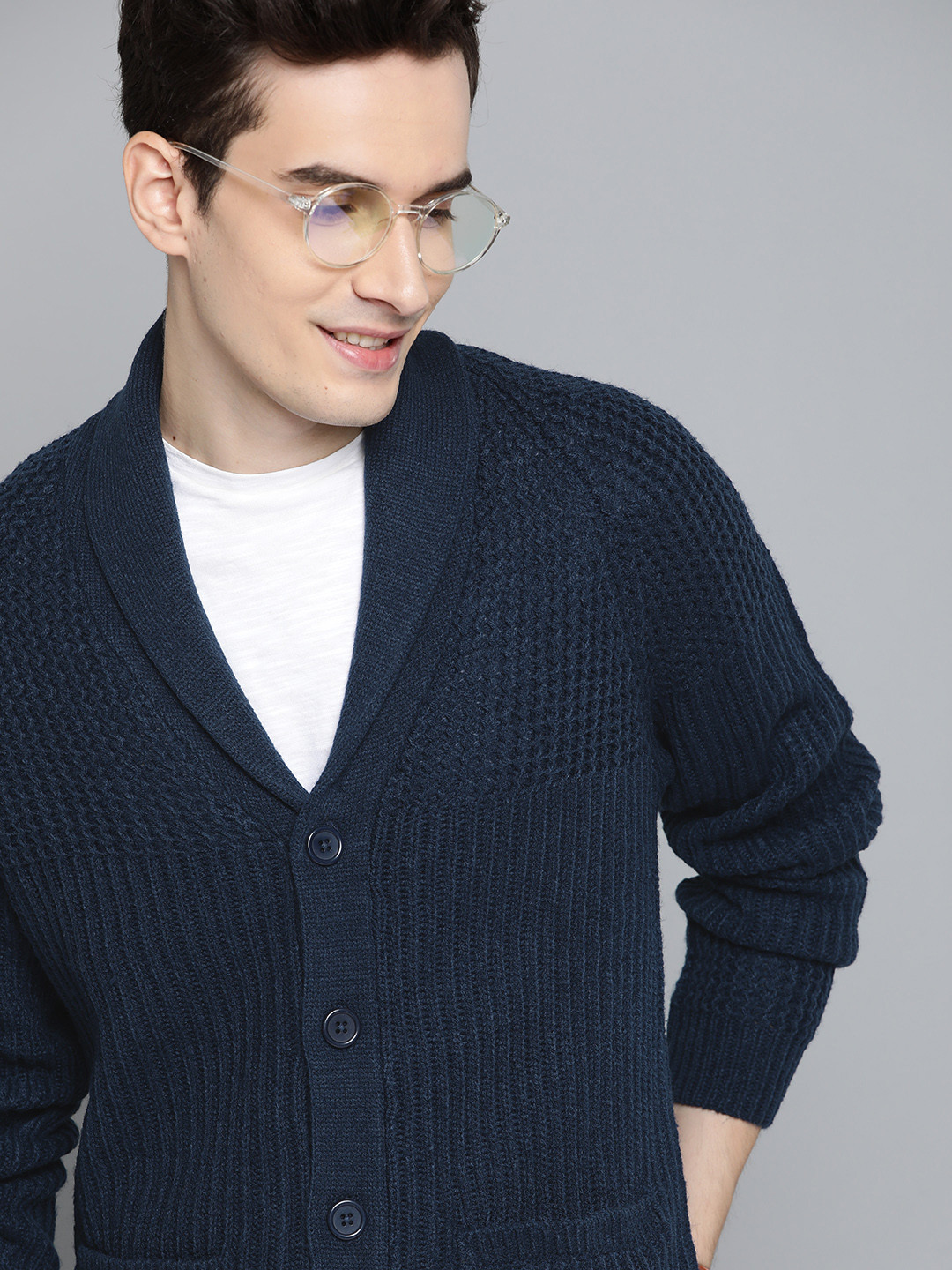 Mast & Harbour Men Navy Blue Ribbed Cardigan Sweater