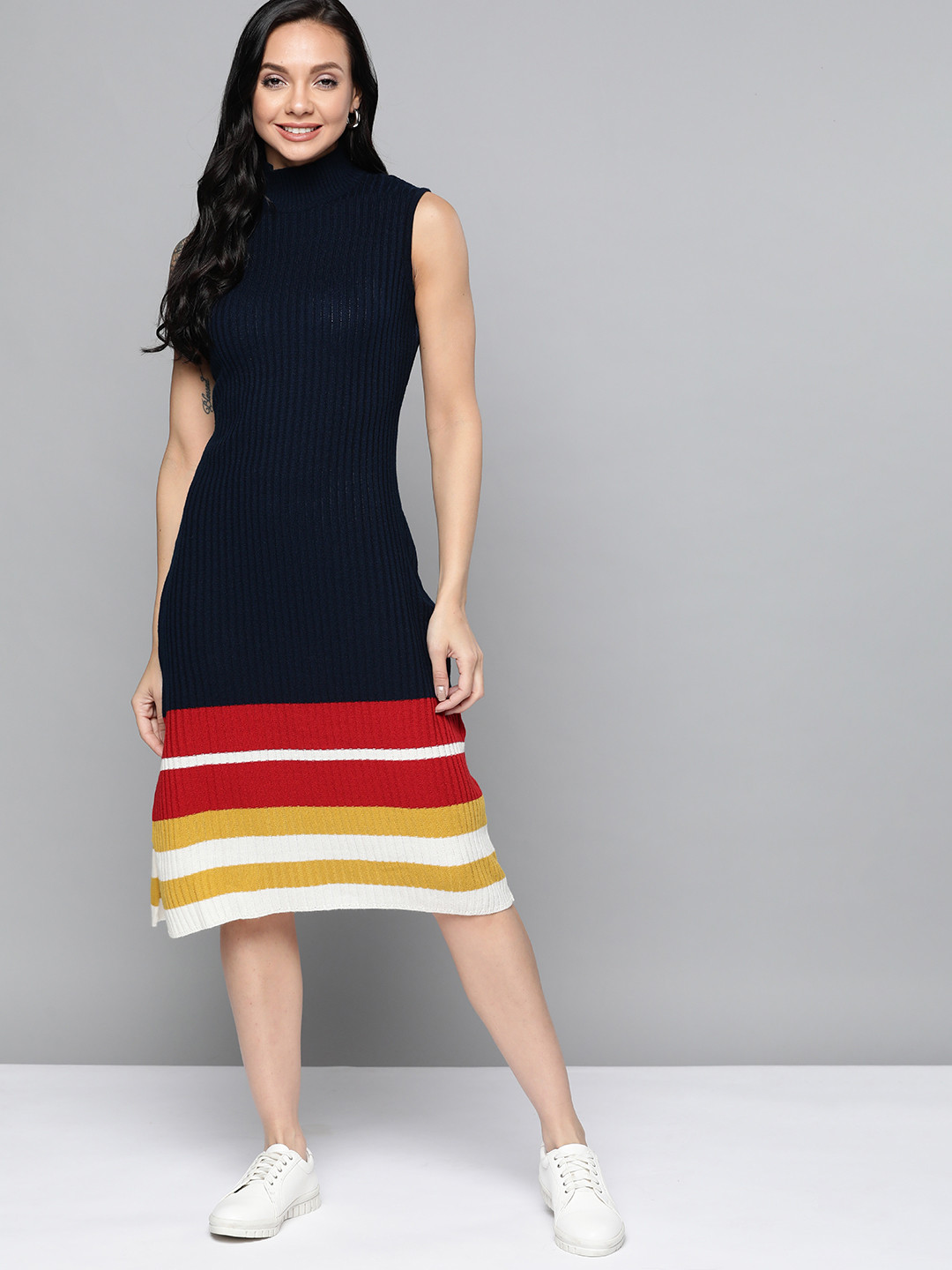 Mast & Harbour Navy Blue & Red Self Striped A-Line Winter Sweater Dress