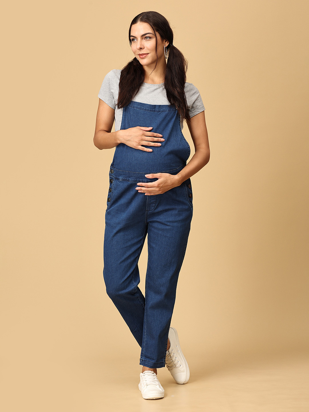 The Mom Store Women Blue Solid Straight-Fit Maternity Cotton Denim Dungarees