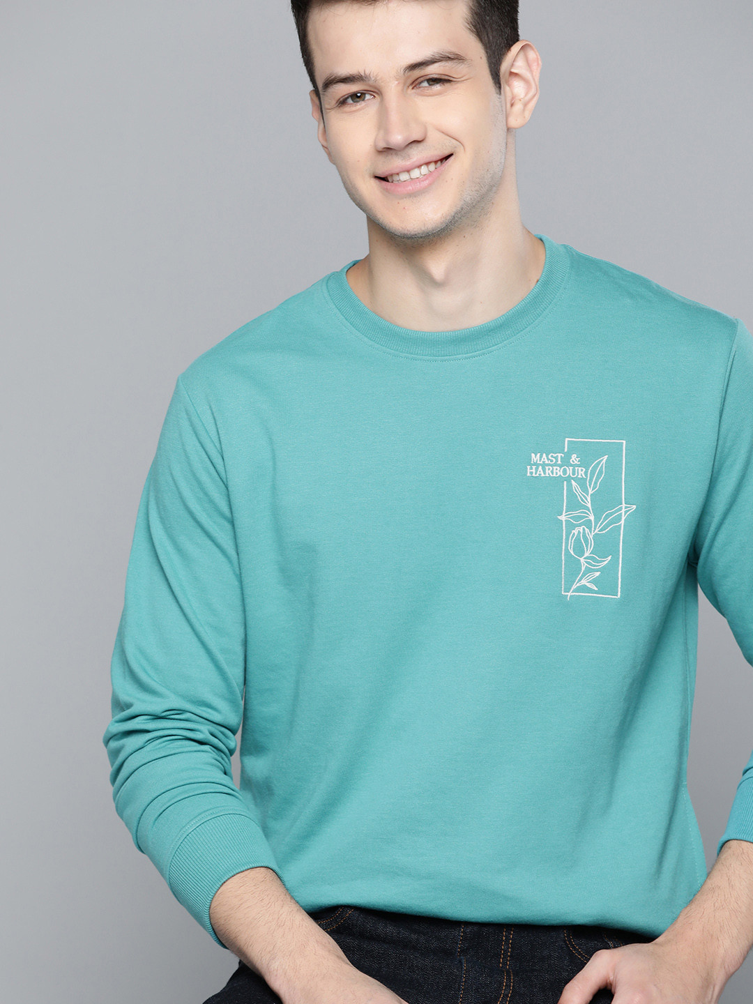 Mast & Harbour Men Turquoise Blue & White Brand Logo Printed Sweatshirt