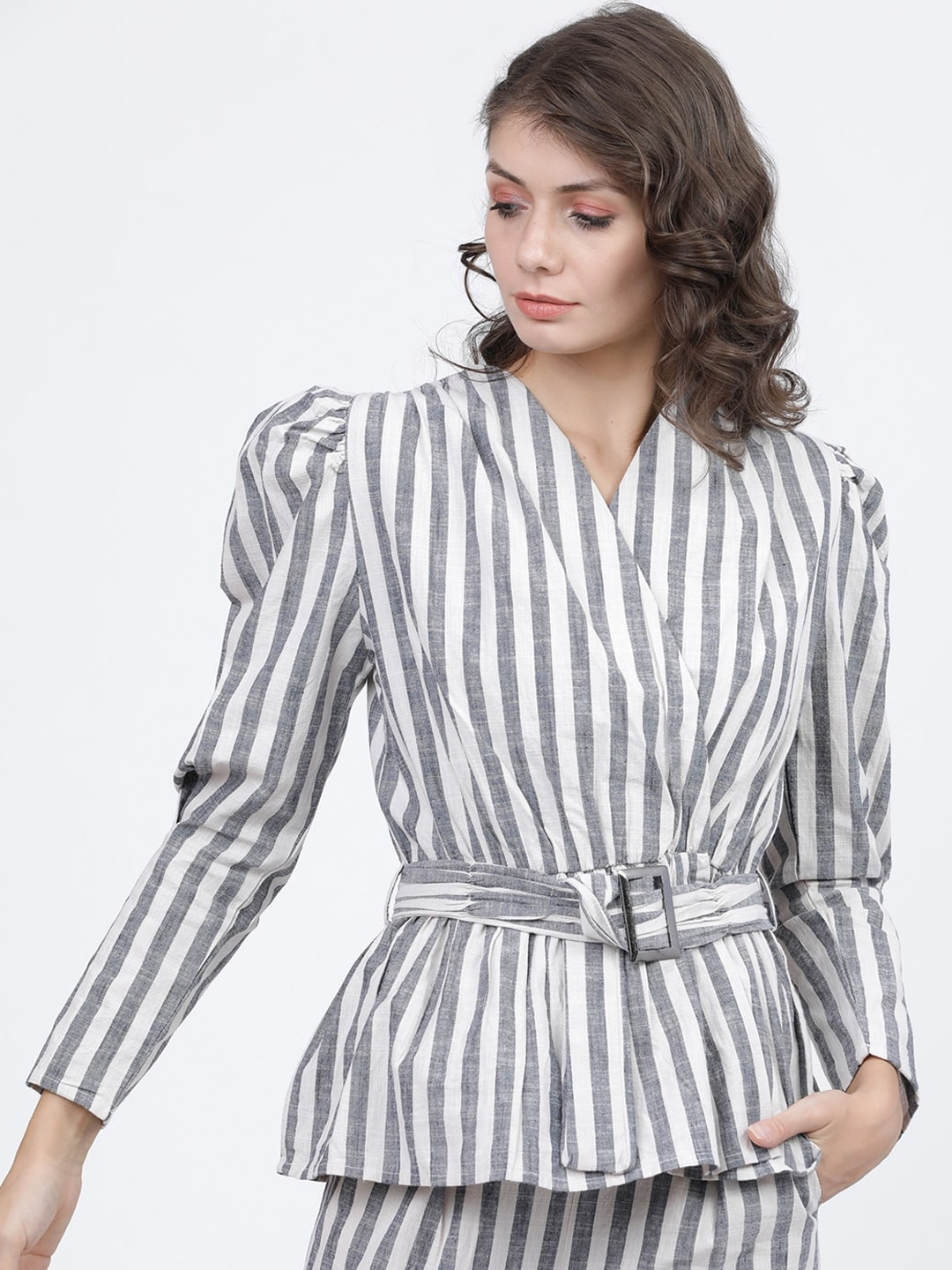Tokyo Talkies Off White & Navy Blue Striped Wrap Top With Belt
