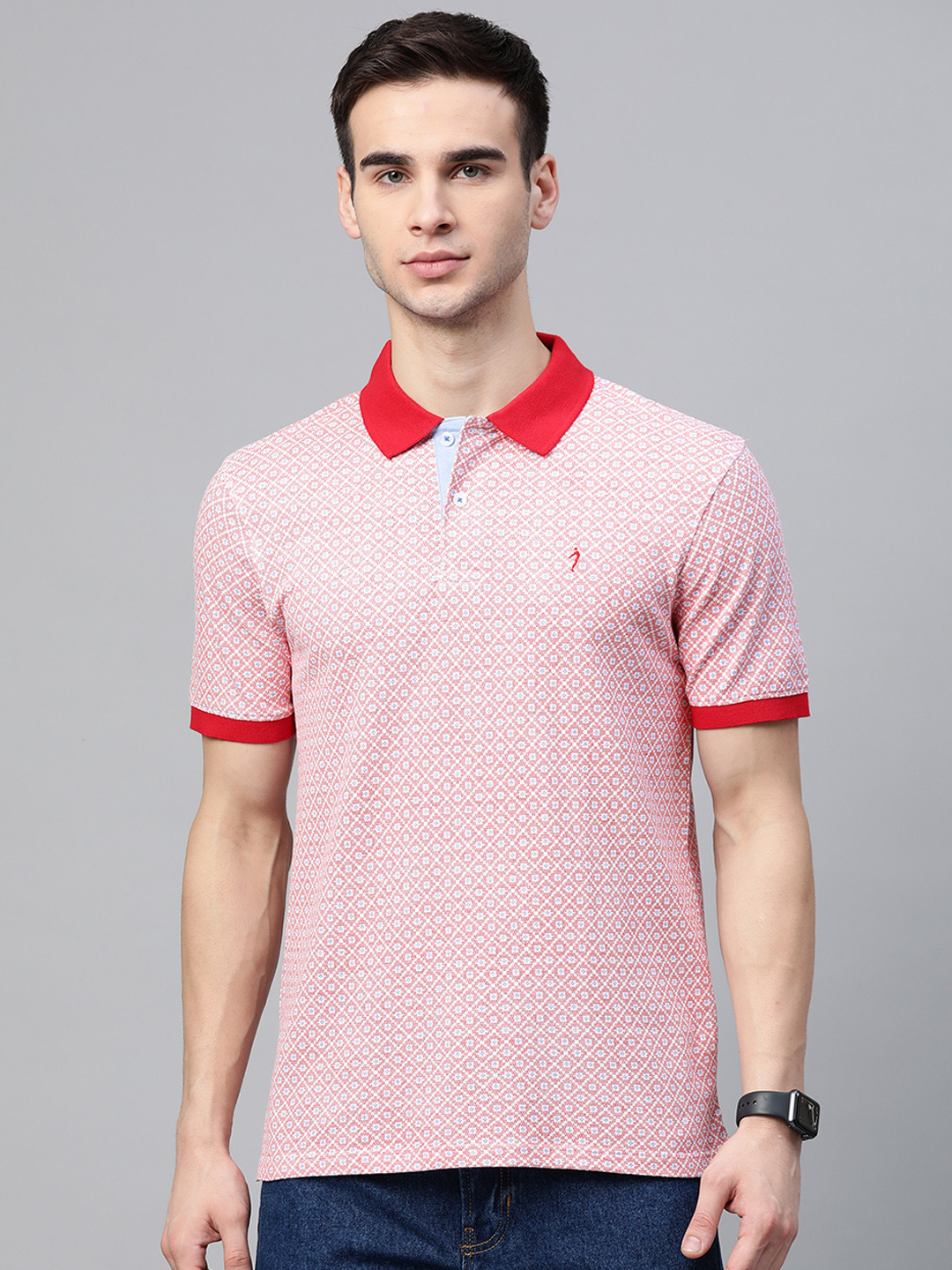 Indian Terrain Men Red & White Printed Polo Collar T-shirt