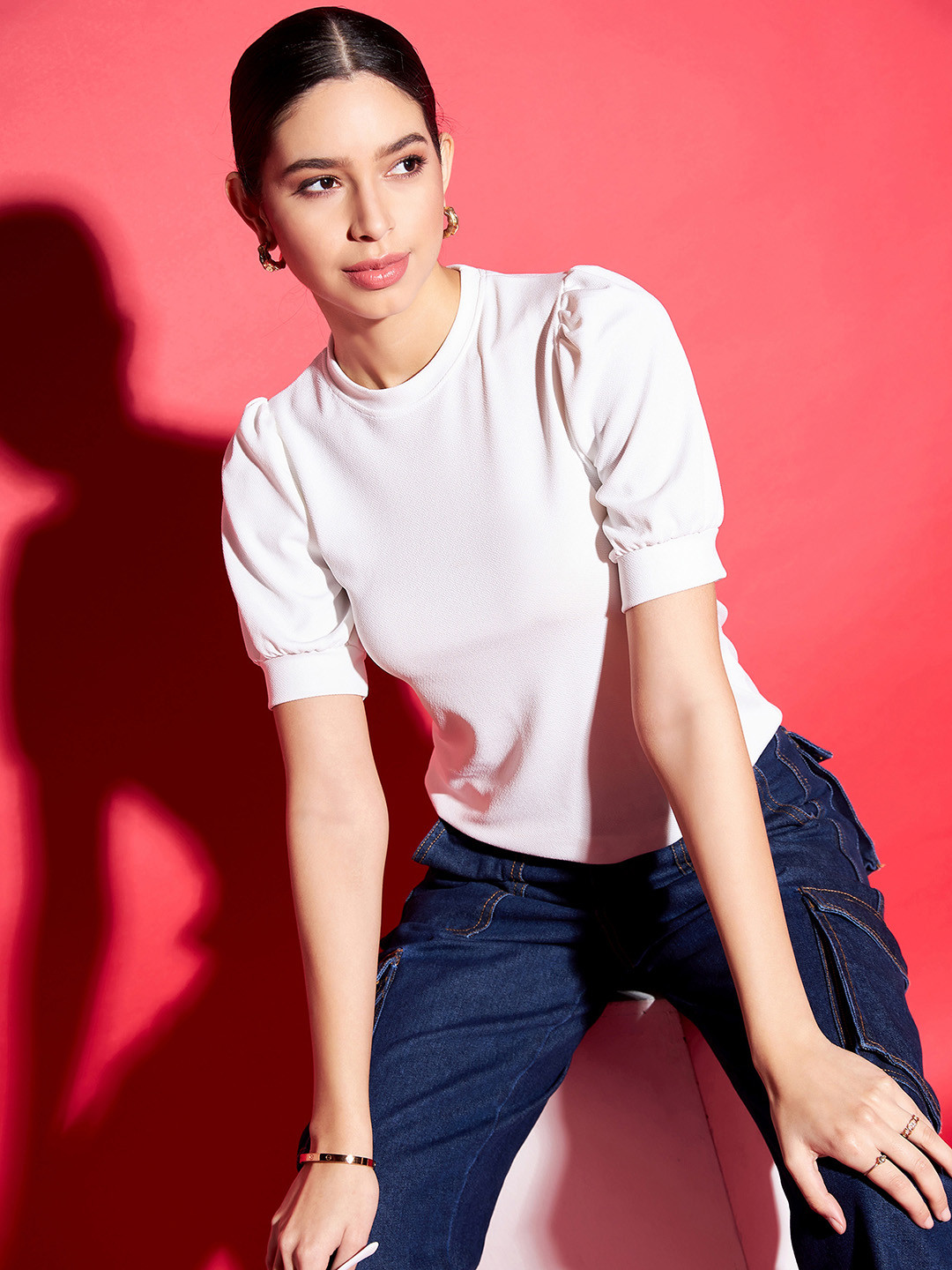 Uptownie Lite White Stretchable High Neck Top