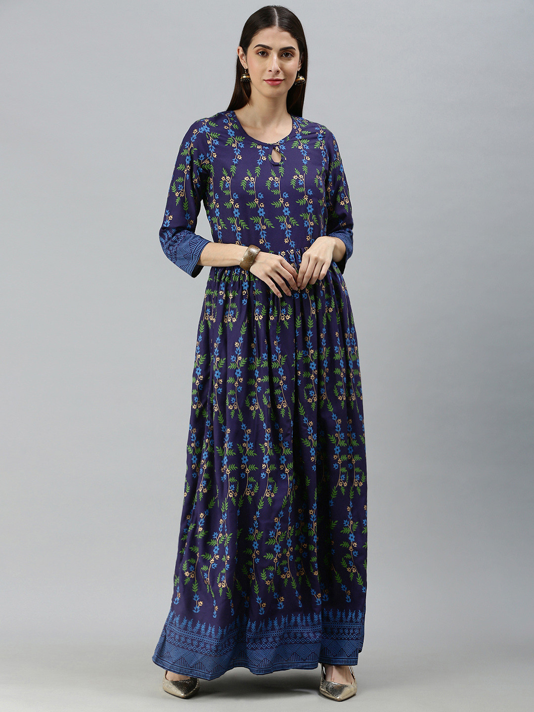 Blissta Women Navy Blue Floral Printed Keyhole Neck Indigo Anarkali Kurta