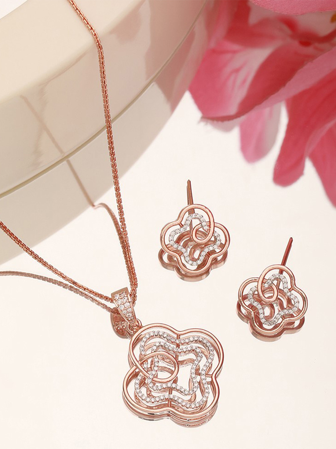 Saraf RS Jewellery Rose Gold-Plated White AD-Studded Jewellery Set